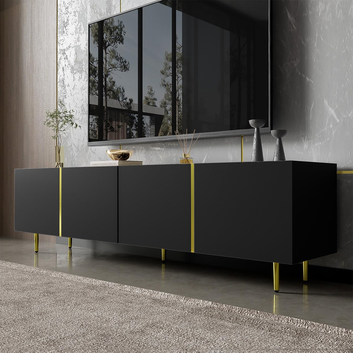 Meuble TV 170cm, Meuble Télé de Salon Quatre Portes Haute Brillance, Armoire De Télévision avec 2 Ports de Gestion des Câbles, Table Télévision Peut Accueillir Un Téléviseur de 70 Pouces, 170x35x46cm