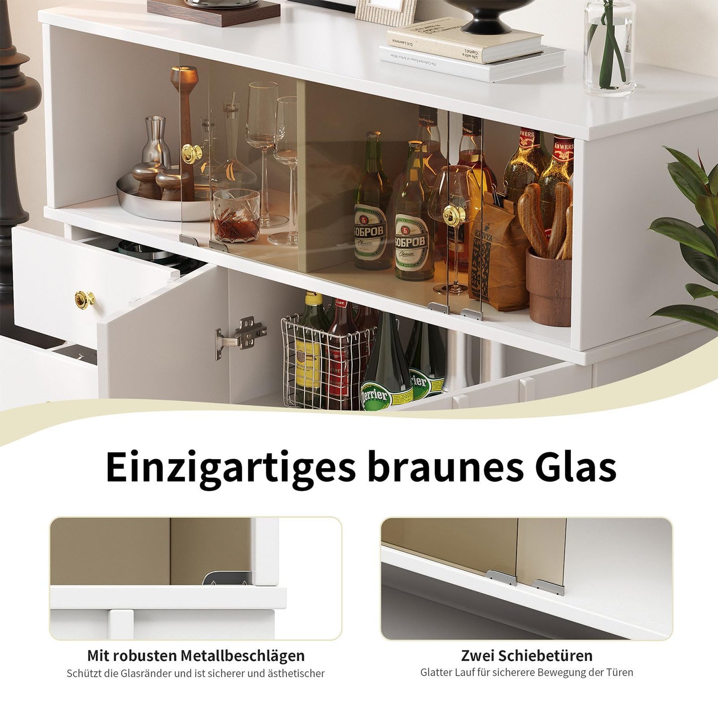 Sideboard Mit Glastür, Küchenschrank, Kommode, Modern Mehrzweckschrank für Wohnzimmer, Esszimmer Aufbewahrungsschrank 3 Schubladen, 2 Türen, Hohe Tragfähigkeit, 100 x 90.5 x 40 cm (B/H/T)