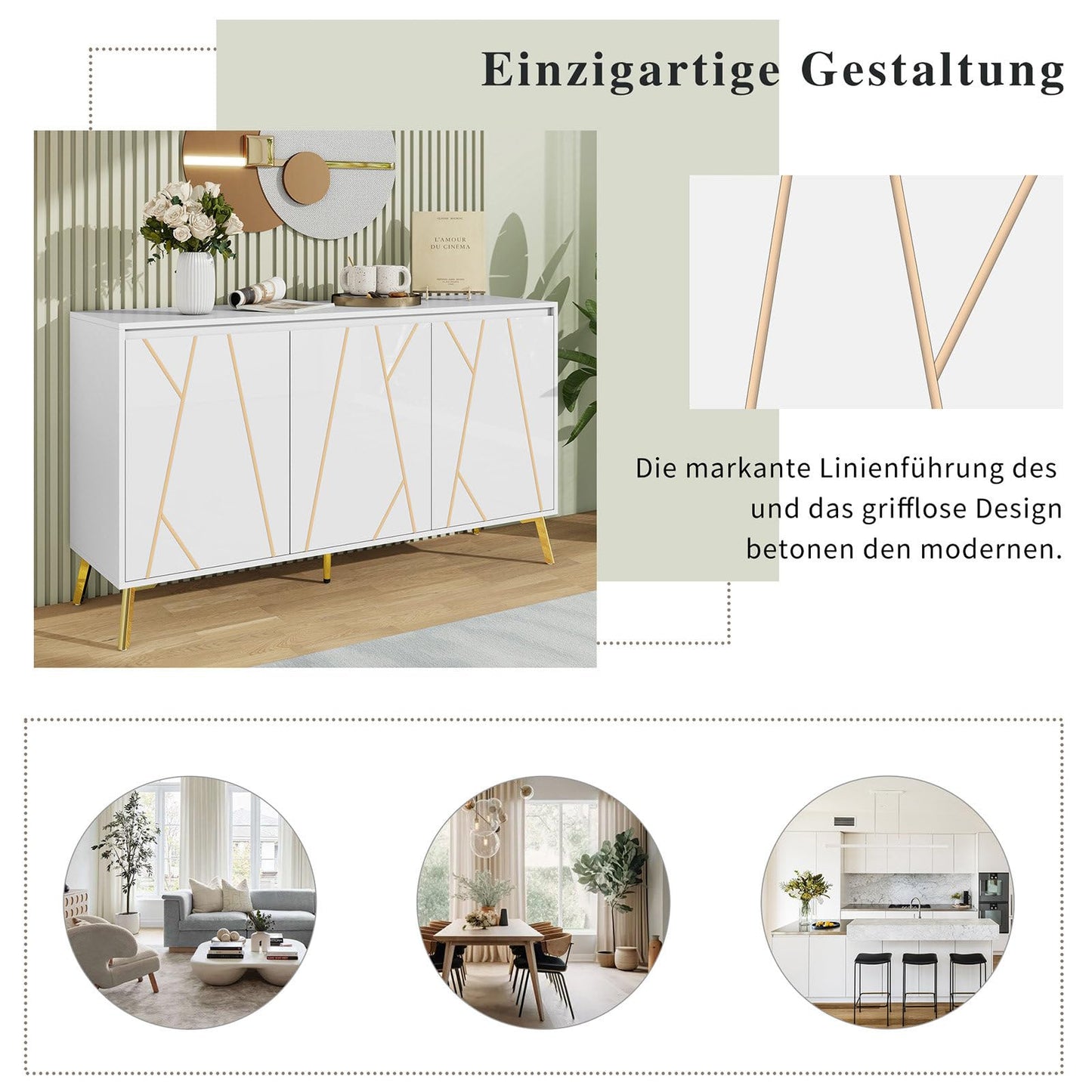 Sideboard 3 Türig, Mehrzweckschrank, Küchenschrank, Kommode für Wohnzimmer Schlafzimmer, Buffetschrank Grifflos, Hohe Tragfähigkeit, Verstellbare Regale, Moderner Stil, 140 x 80 x 40 cm (B/H/T)