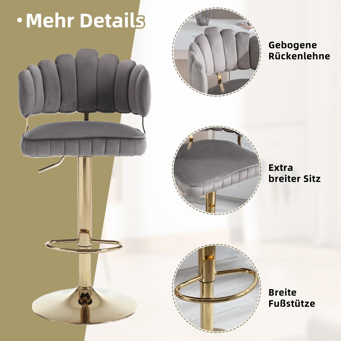 Tabouret Bar Lot de 2 Pivotants Velours Chaise de Bar à Hauteur Comptoir avec Dossier, Repose-pieds, Chaise Haute Bar Comptoir Réglables, Chaises D'îlot pour Salle à Manger, Noir/Gris/Ivoire/Émeraude