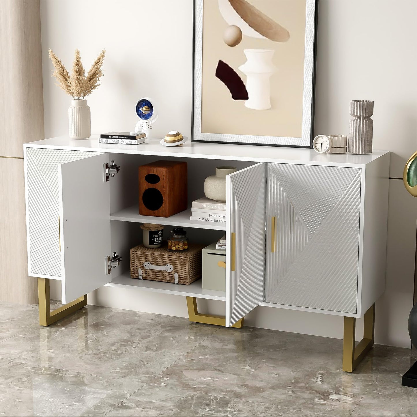 Buffet, meuble de rangement vertical Blanc, armoire multifonctionnelle, très grand espace de rangement, buffet avec portes brillantes et poignées dorées, design 4 portes, Buffet 150 x 40 x 82 cm