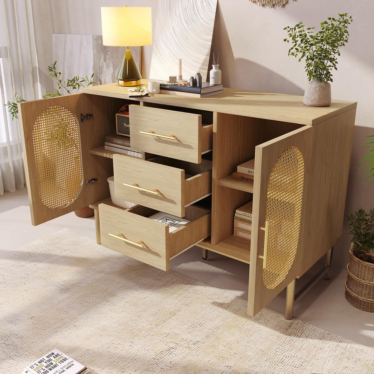 Buffet,Meuble de Rangement,Armoires de cuisine,Buffet avec 3 tiroirs et 2 portes en rotin, étagères réglables,Commode avec poignées et pieds en métal,Protection anti-basculement,120 x 40 x 74 cm