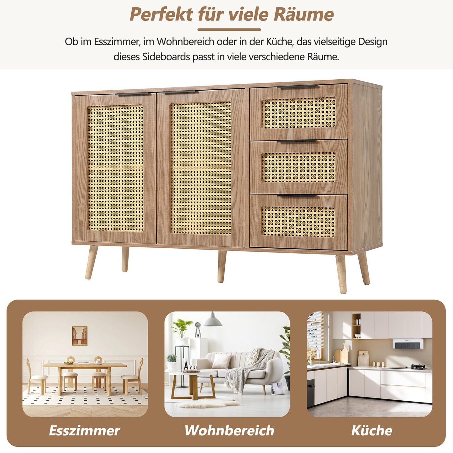 Meuble de Rangement, Buffet de Cuisine avec 2 Portes et 3 Tiroirs, Armoire de Salon Conception de Tissage en Rotin, Étagère Rangement Étagères Réglables, Poignée en Métal Peint, 120x38x78cm