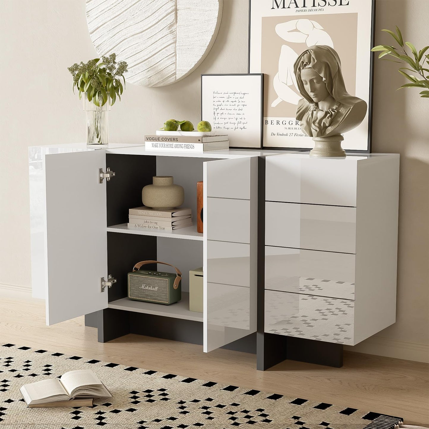 Peiaw Buffet,Armoire de Cuisine,Commode Blanc Brillant,Meuble de Rangement avec tiroirs,Buffet avec 3 Portes et 4 tiroirs,Convient pour la Salle à Manger, Le Couloir de la Cuisine 150 x 40 x 80.5 cm