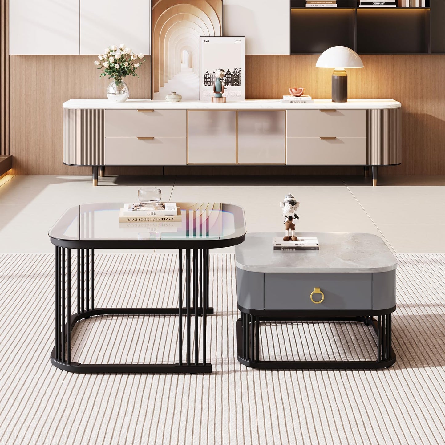 Peiaw Table Basse,Lot de 2 Tables Basses carrées,Aspect marbre Brillant Gris et Plateau en Verre,Noir Structure en métal et poignée dorée,avec tiroirs,Table de Salon 60x60x45cm & 50x50x34cm