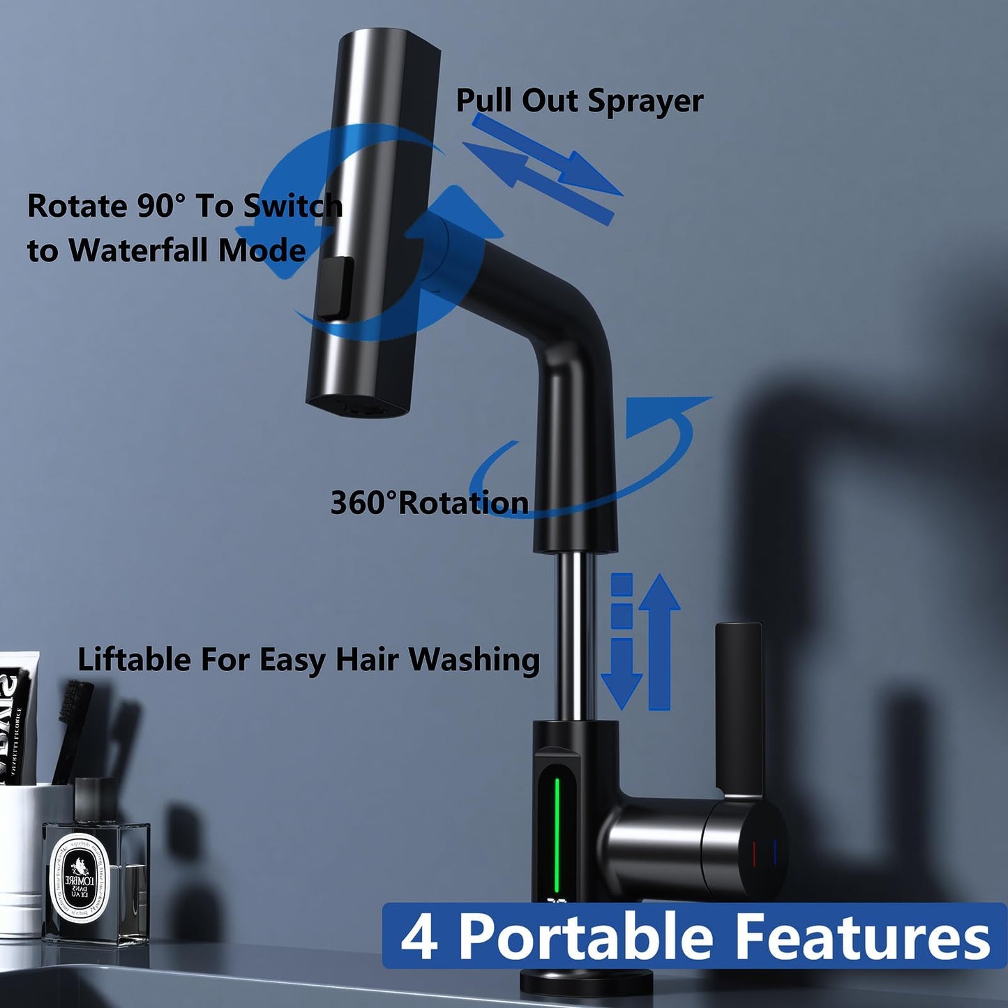Robinet de Cuisine avec Douchette Extensible, Digital Affichage de la Température LED, Robinetterie Cuisine de Rotatif à 360°, 3 Modes Mitigeur d'Évier pour Lavabo Bains, Hauteur Réglable