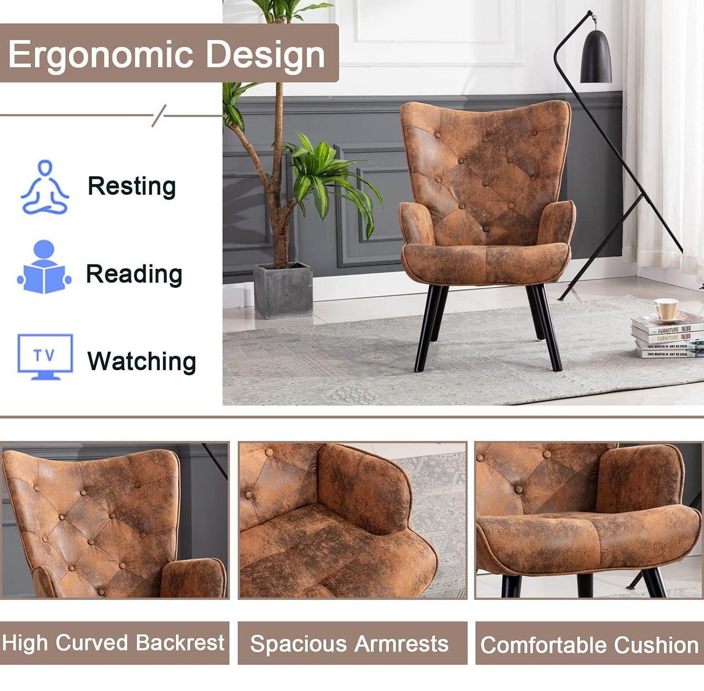 SHUGUANG Fauteuil Salon Confortable, Fauteuil Confortable Microsuède, Chaise Coiffeuse avec Cadre en Bois Massif, Style Rétro Médiéval Chaise de Lecture en Vigueur Chambre à Coucher, Salon