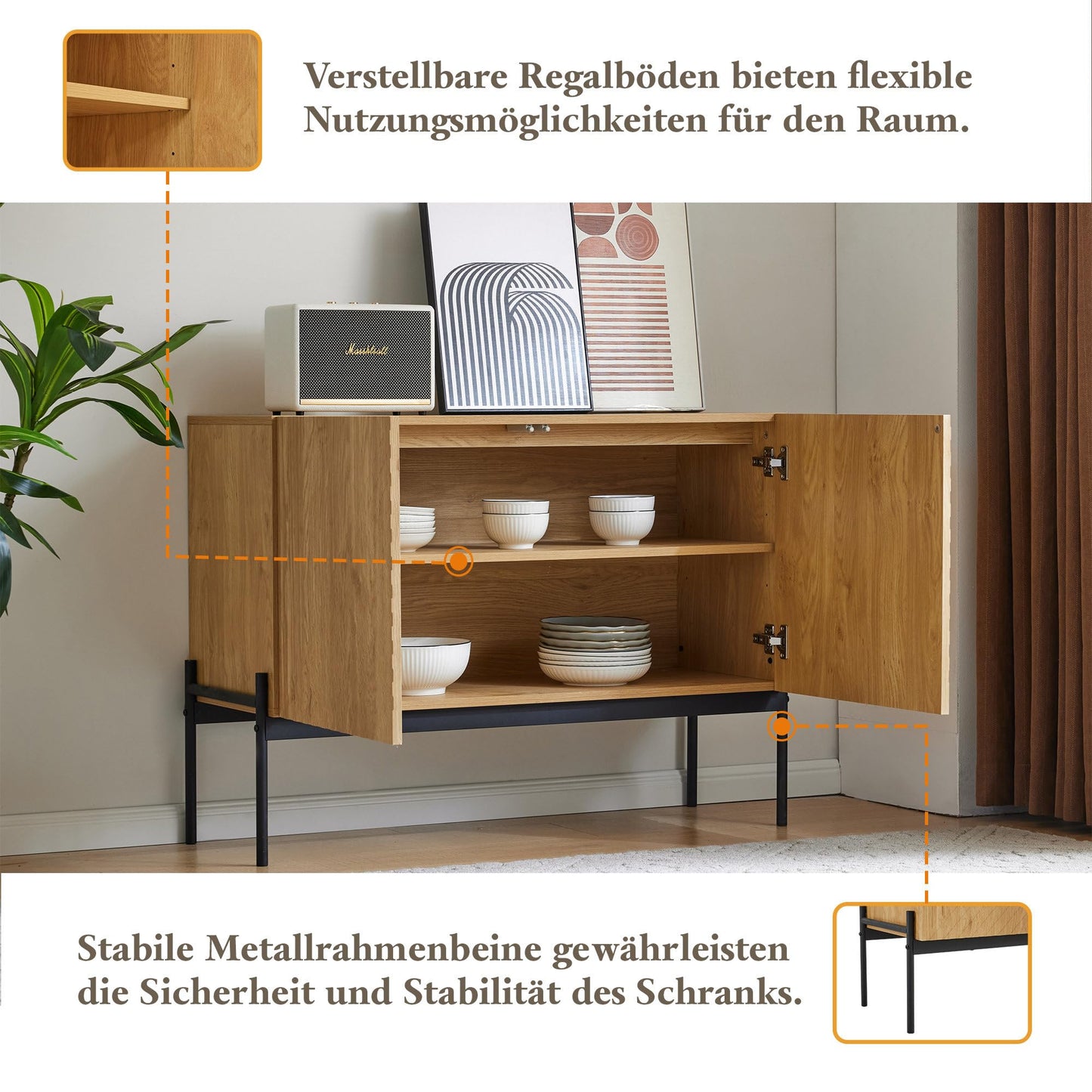SHUGUANG 75 x 100 x 40 cm Buffet Moderne, Armoire Salon avec 2 Portes et Pieds en Métal, Buffet Cuisine Avoir Étagères Réglables, Armoire au Design Linéaire applicables a Salon, Salle a Manger
