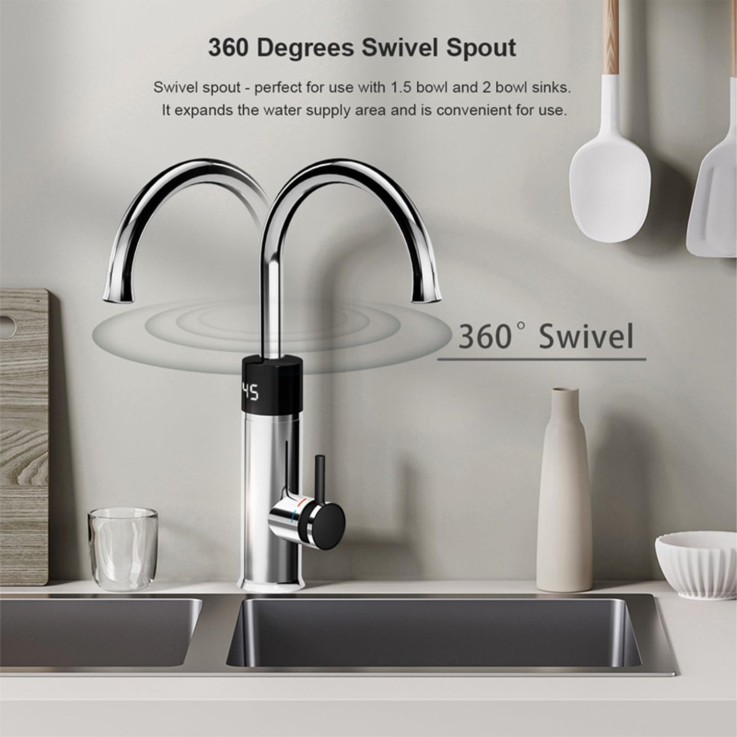 Robinet Électrique Сhauffe-Eau Instantané 3200W, Robinet électrique de cuisine avec Affichage de la température à LED, Robinet Pivotant à 360°
