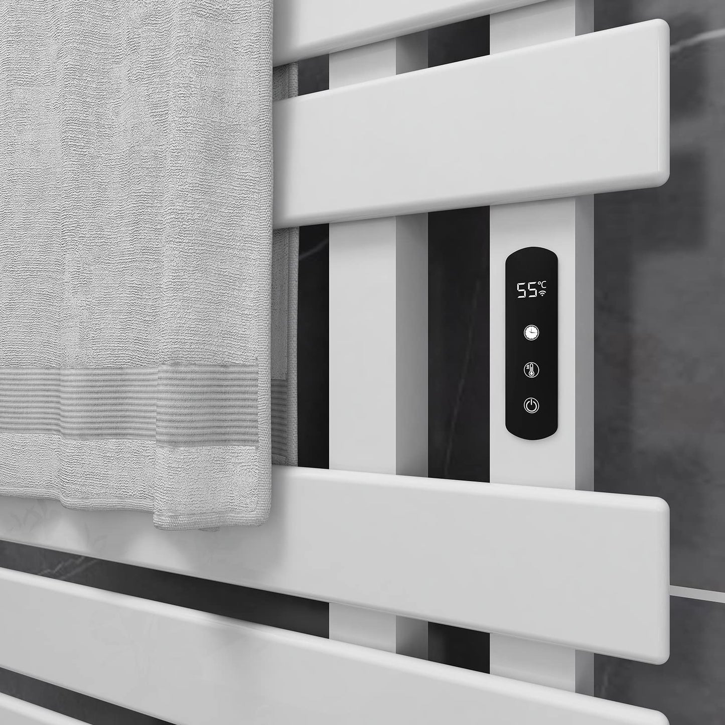 Elektrischer Handtuchhalter, 500 x 1100 mm, intelligenter thermostatischer Handtuchwärmer, wandmontierter Badezimmerheizkörper, beheizter Handtuchtrockner, energiesparend, LED-Anzeige, weiß rechts