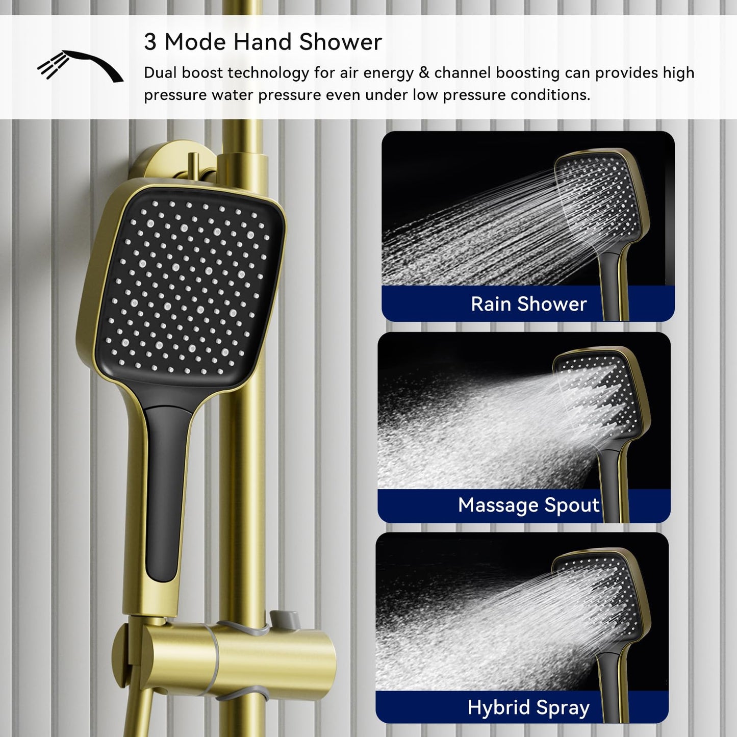Colonne de Douche Thermostatique Doré Systeme de Douche Piano avec éclairage d'ambiance LED, Ensemble de Douche Mitigeur Hauteur Réglable avec Douche de Tête et Douchette, Baignoire Cascade