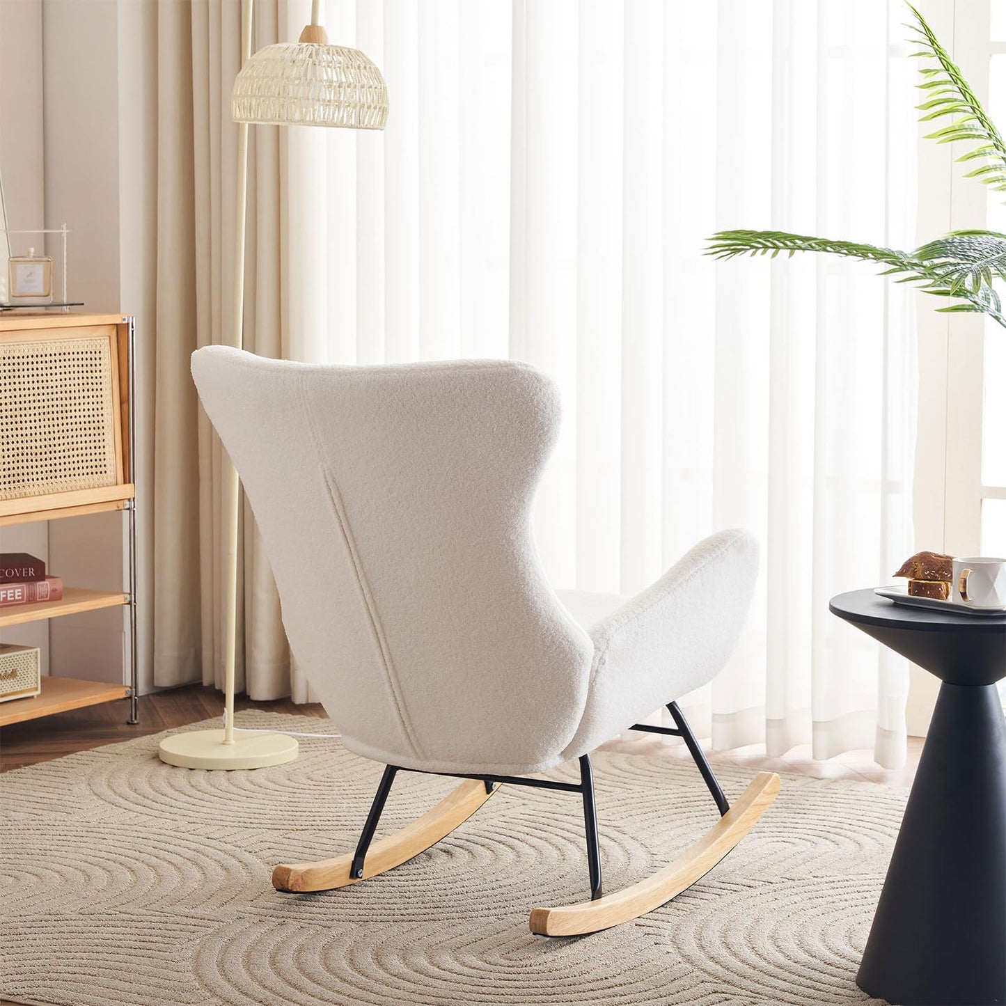 Fauteuil à Bascule, Allaitement Rocking Chair Épaissir Rembourré, Scandinave Velours Peluche Chaise Loisir avec Pieds en Bois Massif, Capacité 150 kg, pour Salon, Chambre, Balcon, 96x68x90cm