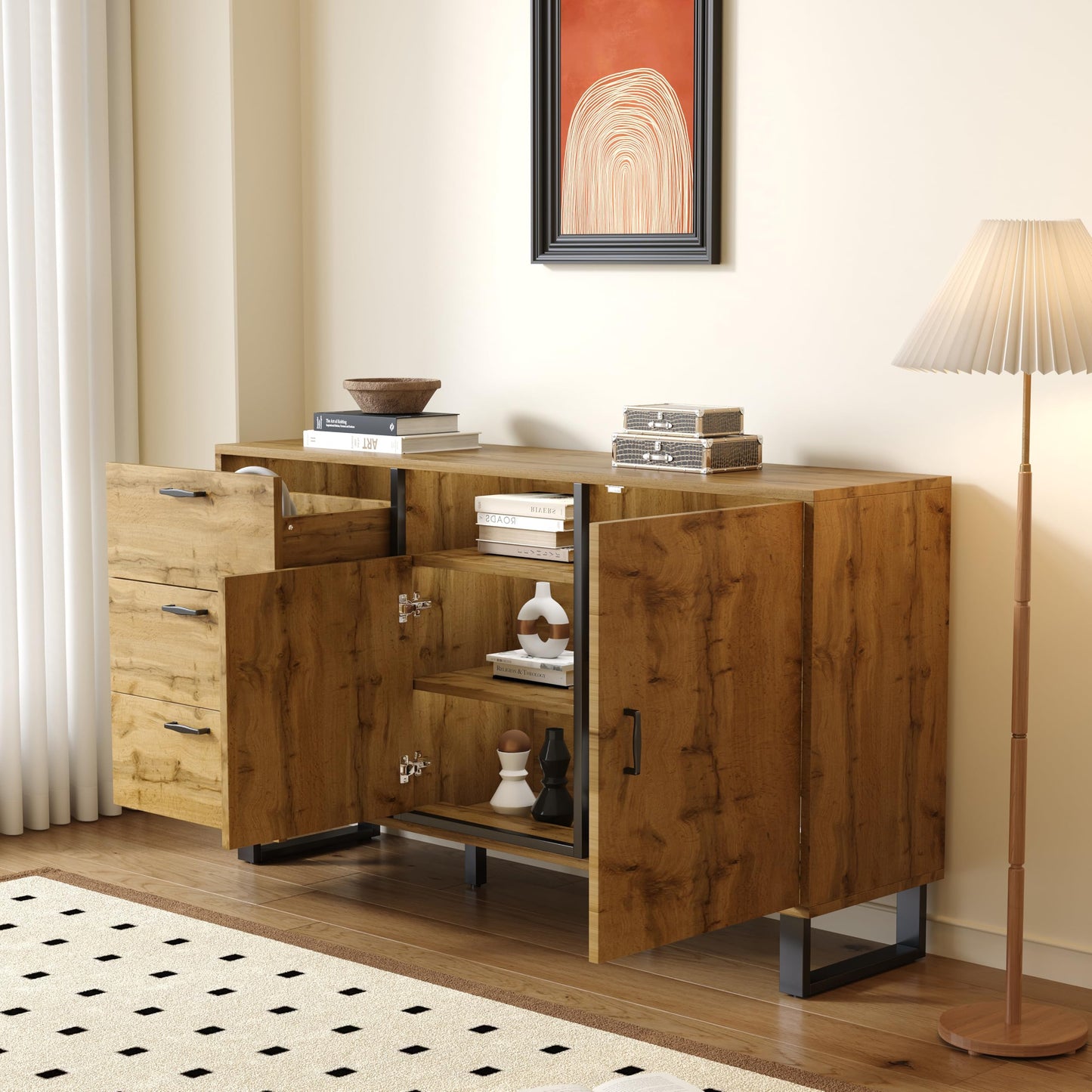 SHUGUANG Buffet Rustique Élégant, Commode Chambre à Coucher, Buffet avec 3 Tiroirs, 2 Portes et Compartiment Ouvert, Grand Espace de Rangement, Étagères Réglables, Vitrine en Bois, 150x38x76,5 cm