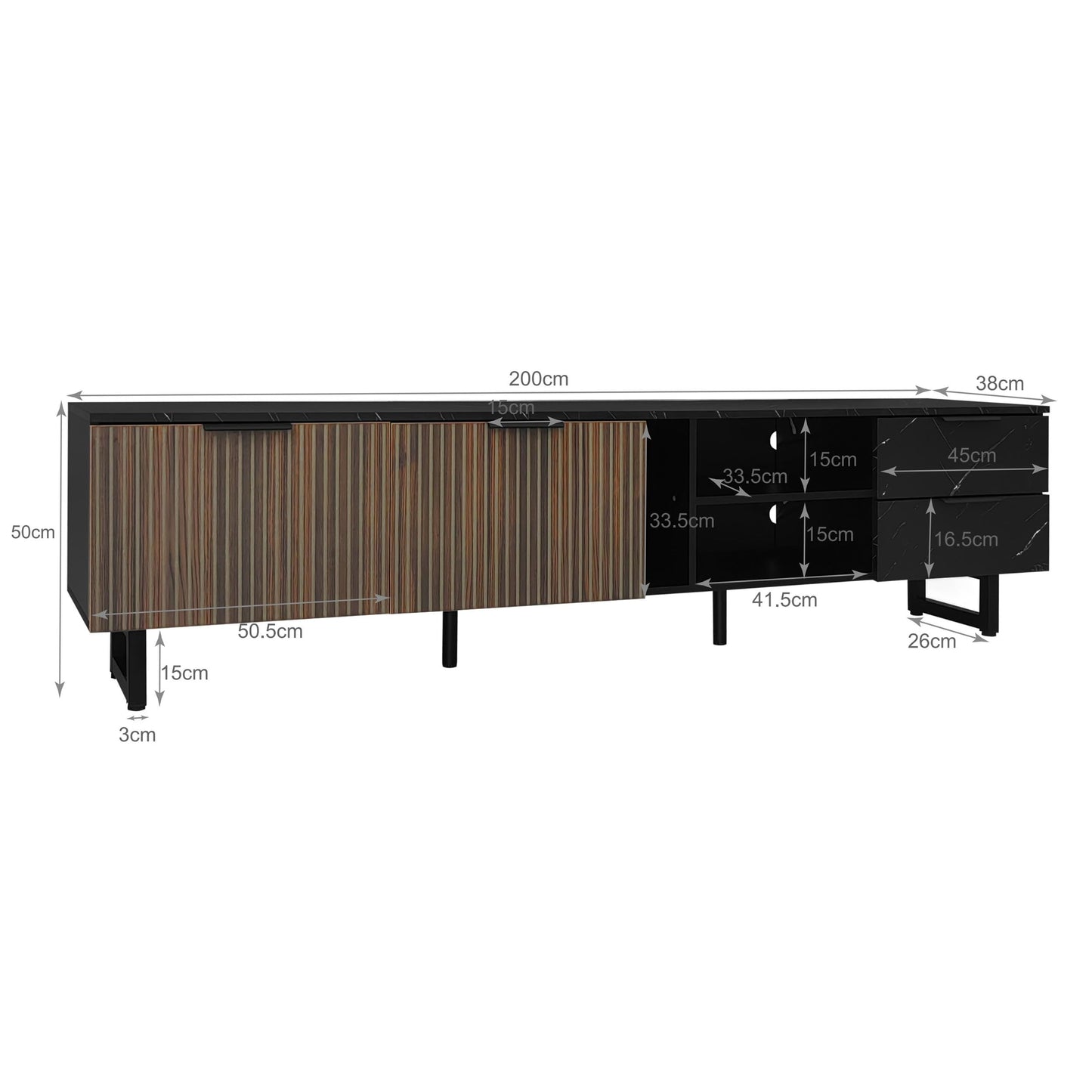 Meuble TV LED Banc TV Moderne Aspect Marbre Noir, Portes en Grain de Bois Foncé, Meuble Télé avec Lumières LED Réglables, Table TV avec Deux Portes et Deux Tiroirs, Adapté pour Robot Aspirateur Marque : SHUGUANG