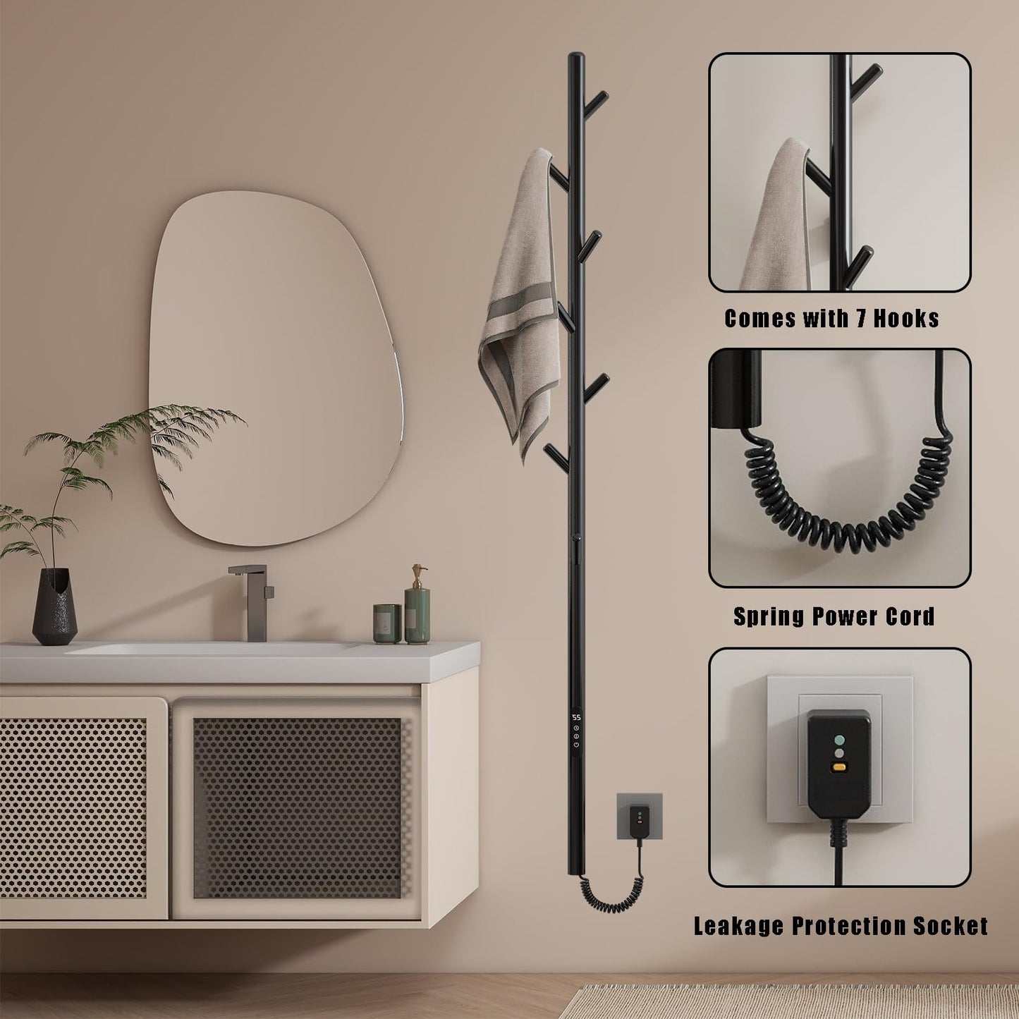 OihPaw Sèche-serviette électrique Noir Affichage Numérique 110 W Porte-Serviettes Chauffant Électrique 1500 mm Acier Inoxydable Thermostat Radiateur de Salle de Bain
