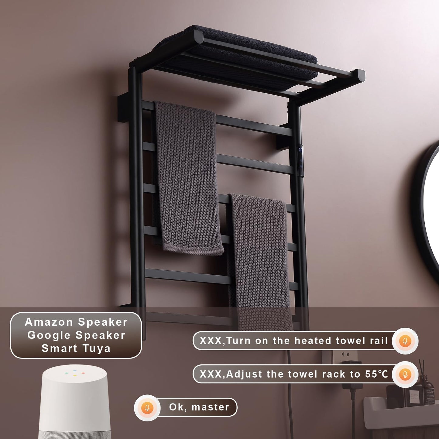OihPaw Sèche-serviette électrique WiFi Intelligent 76 W Porte-Serviettes Chauffant Électrique Commande Vocale 62x50 cm Radiateur de Salle de Bain avec Support de Rangement Pliable