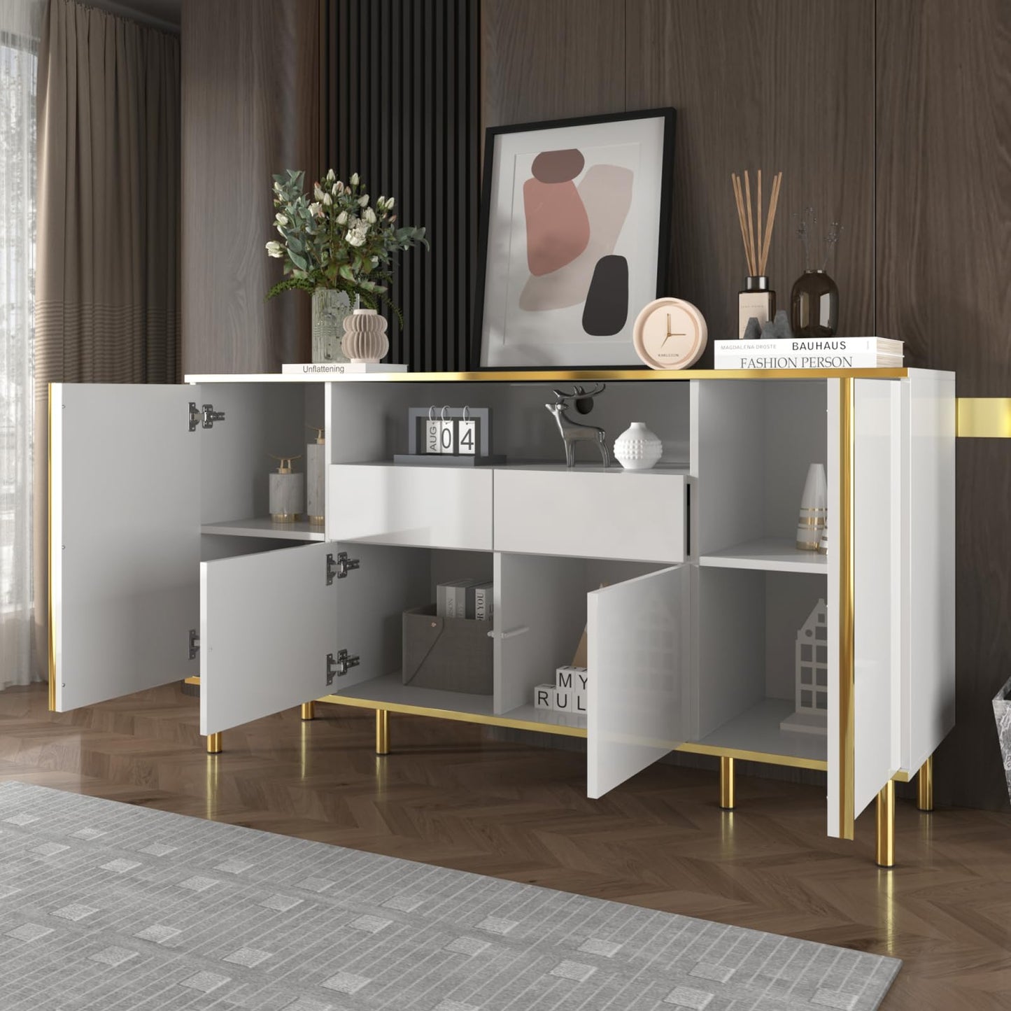 Peiaw Buffet,bahut Salon,Buffet avec 4 Portes et 2 tiroirs,Buffet avec éclairage LED,Meuble Chambre,Meuble Rangement Cuisine 150 x 40 x 80 cm,Commode de Style Moderne,Buffet avec Rangement Ouvert