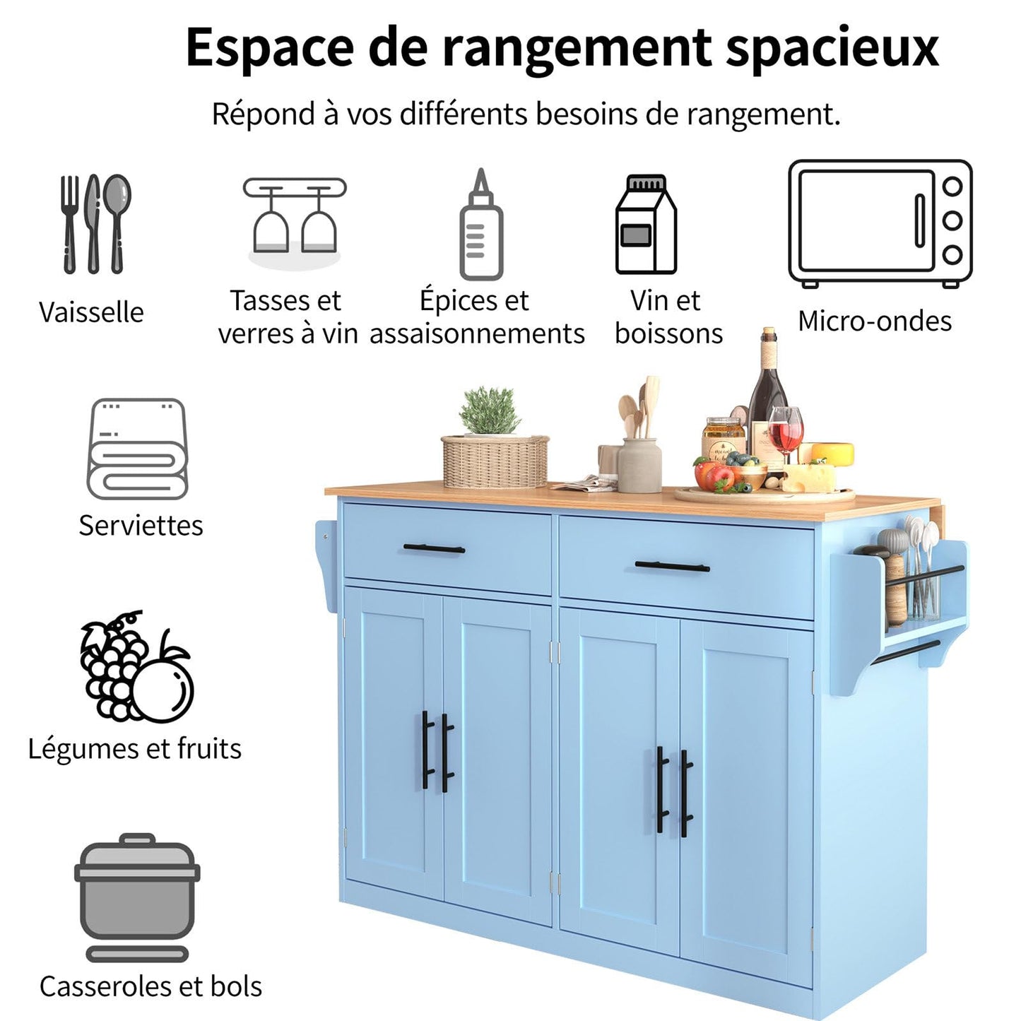 SHUGUANG Desserte de Cuisine, Meuble Cuisine Desserte, 120x46(70) x91 cm Ilot Cuisine avec Bureau Pliant, Rangement Cuisine avec roulettes et Pieds Interchangeables, pour Cuisine/Salle Manger