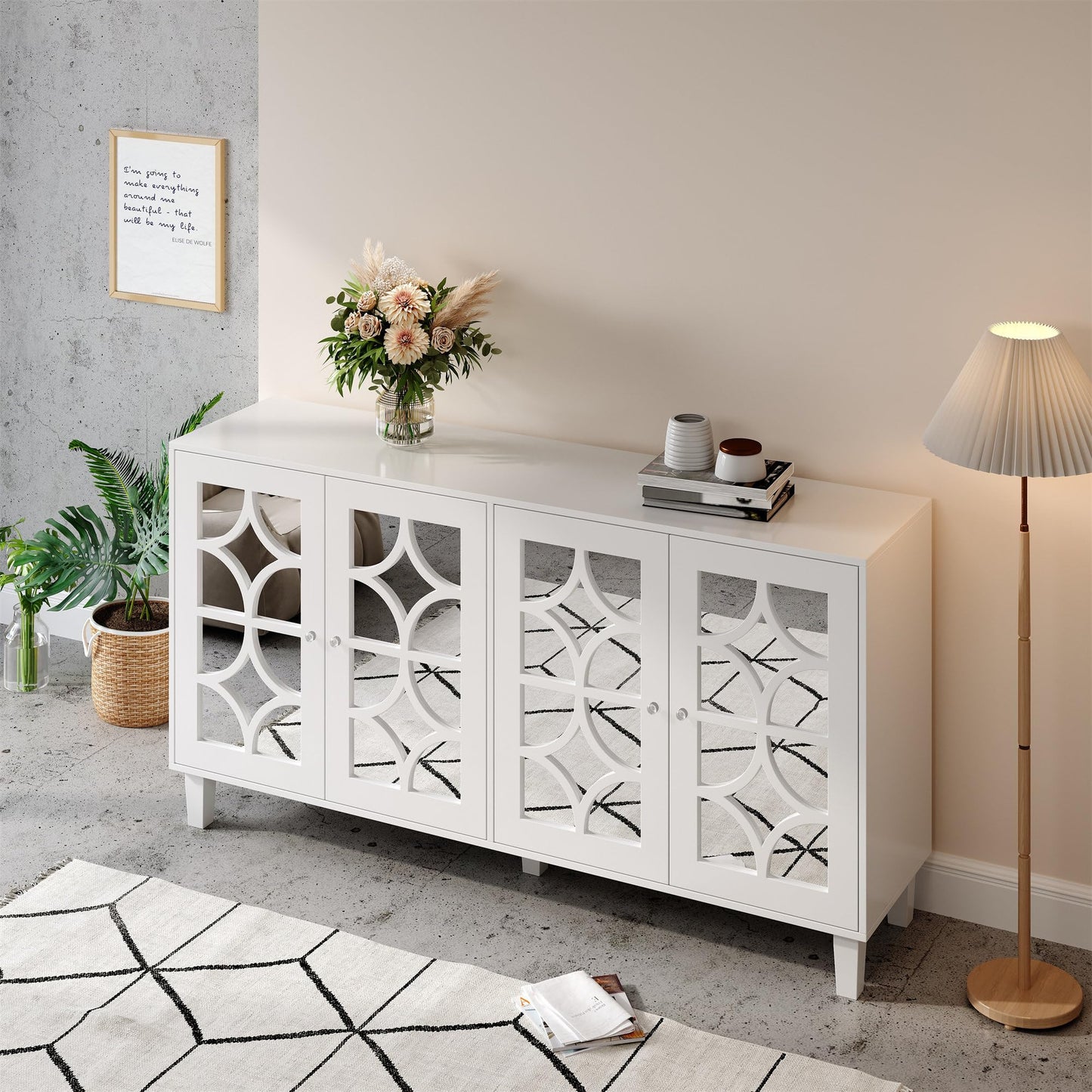 Buffet Moderne avec 4 Portes Miroir, Buffet Miroir avec Poignées en Cristal Froid, Stratifié Mobile, Armoire de Cuisine, Bahut pour Salon et Salle à manger, 160 x 40 x 85 cm, Blanc/Bois et Marron