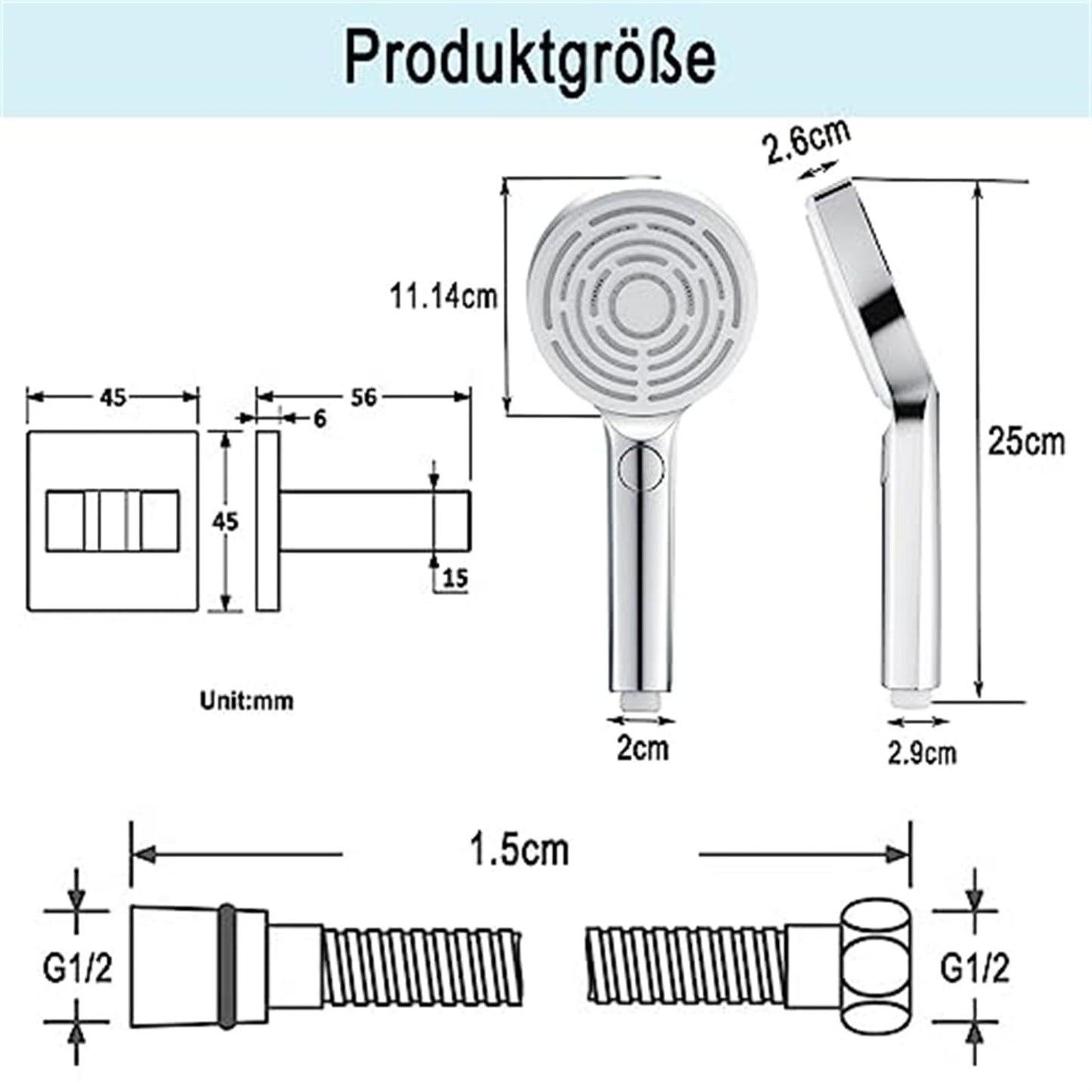 Pommeau de Douche, Pommeau de Douche Economie Deau Mural Pommeau Douche Anti Calcaire Pommeau de Douche Haute Pression Pommeau de Douche ABS avec Acier Inoxydable Tuyau