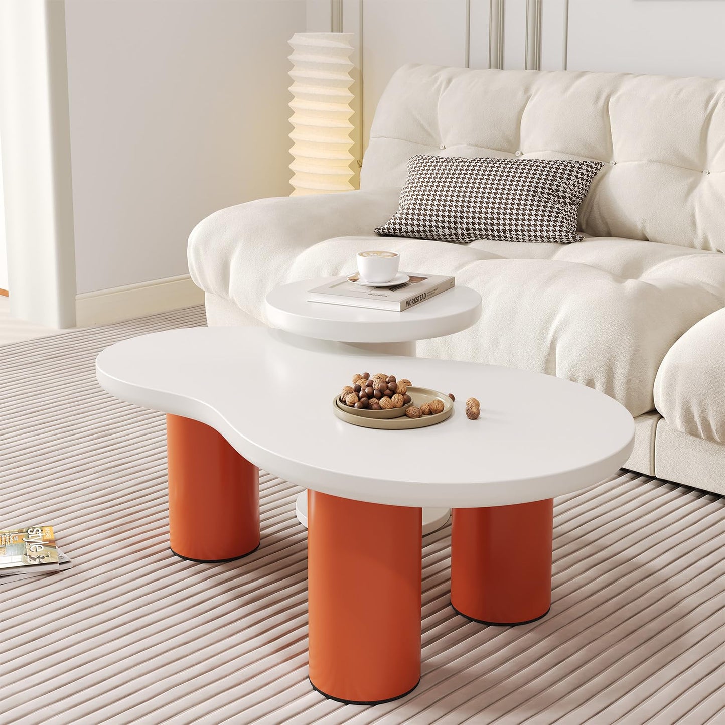 Peiaw Table Basse,Table Basse Minimaliste Moderne,Ensemble de Table Basse en Forme de Nuage,Table Basse Blanche et Orange,Colonne de Support cylindrique,Table Basse 39,8x39,8x42,2 + 99,5x58x35,5 cm