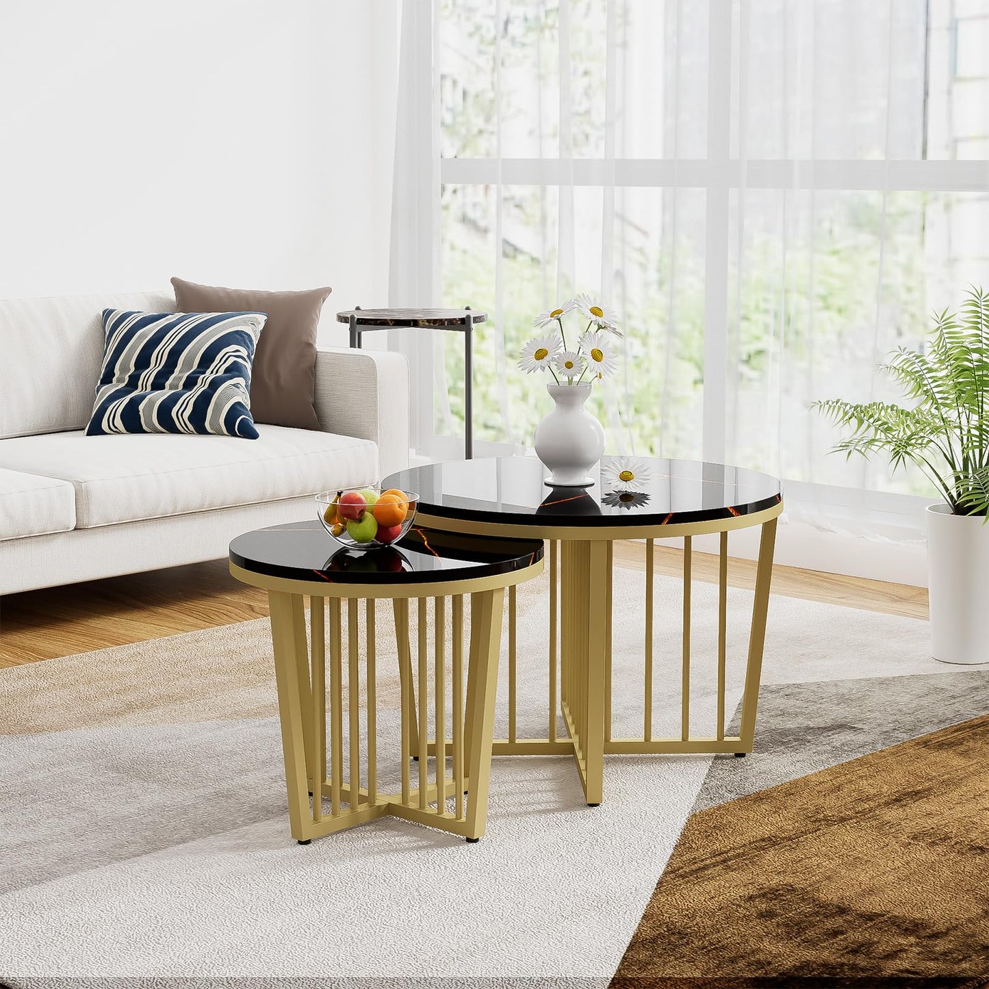 Peiaw Table Basse,Table de Salon,Table Basse Ronde,Lot de 2 Tables Basses,Table de Salon Moderne,Aspect marbre Noir Brillant et Cadre en Acier doré,Table de Salon 70x70x50cm et 50x50x45cm