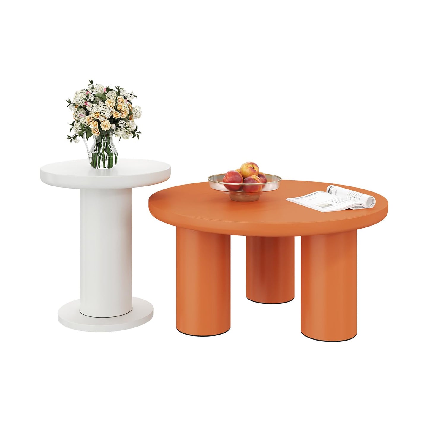 Peiaw Table Basse,Table Basse Minimaliste Moderne,Ensemble de Table Basse Ronde,Table Basse Blanche et Orange de Style crème,Colonne de Support cylindrique,Table Basse 39,8x39,8x42,2 + 100x100x40 cm