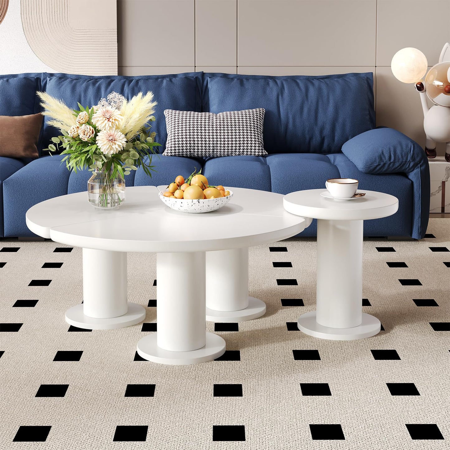 Peiaw Table Basse,Table Basse Minimaliste Moderne,Ensemble de Table Basse Ronde,Table Basse Style crème Blanc,Colonne de Support cylindrique,Table Basse 39,8 x 39,8 x 42,2 + 100 x 100 x 40 cm