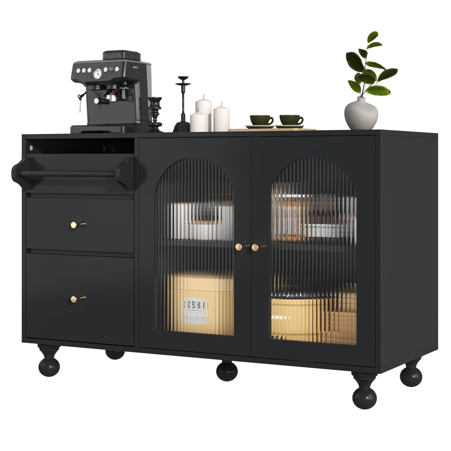 120 x 40 x 75.5 cm Noir Bahut de Salle a Manger, Armoire de Cuisine avec 3 Tiroirs et 2 Porte D'armoire Vitrée et Porte-Serviettes, Armoire de Rangement Polyvalente à Cuisine, Salon, Salle à Manger