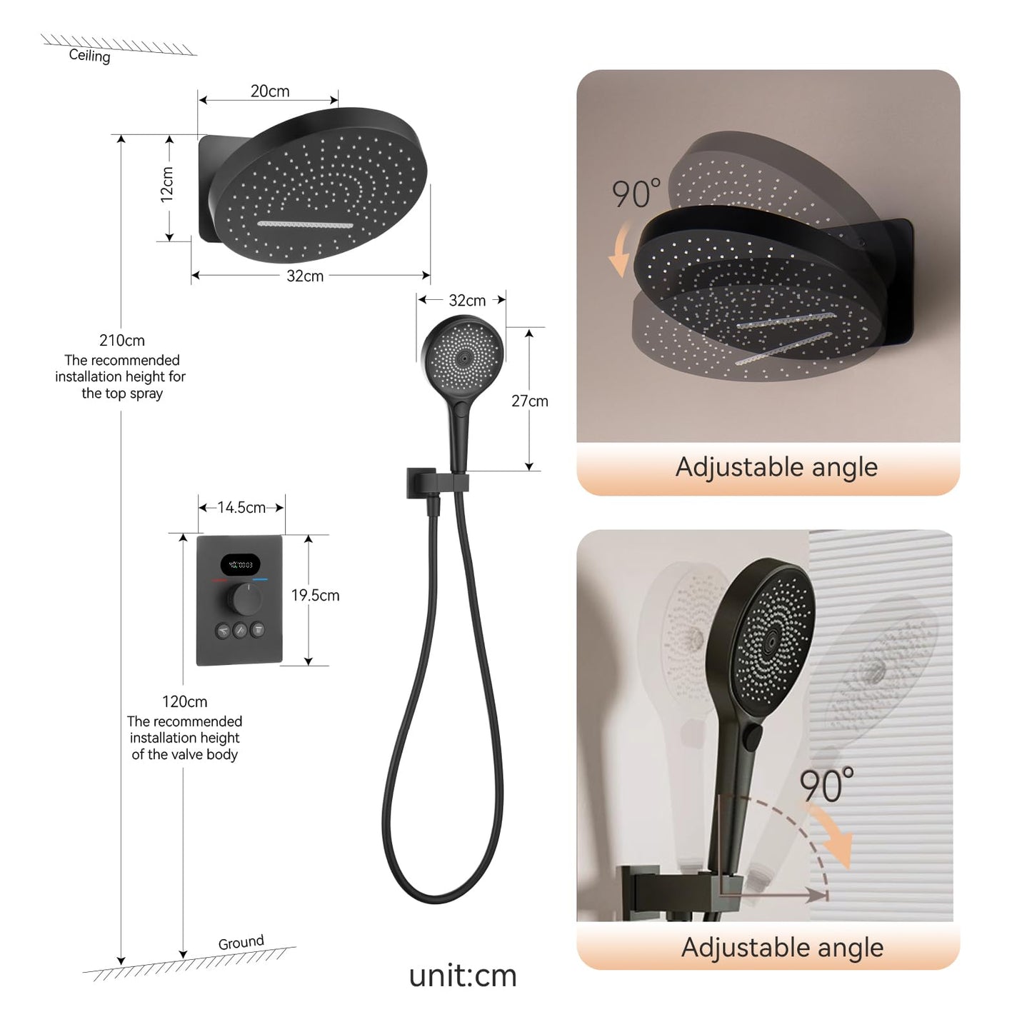 OihPaw Ensemble de Douche Encastré Colonne Douche Thermostatique Noir Système de Douche avec Affichage Numérique LED, 32CM Cascade et Pluie Tête de Douche Rond