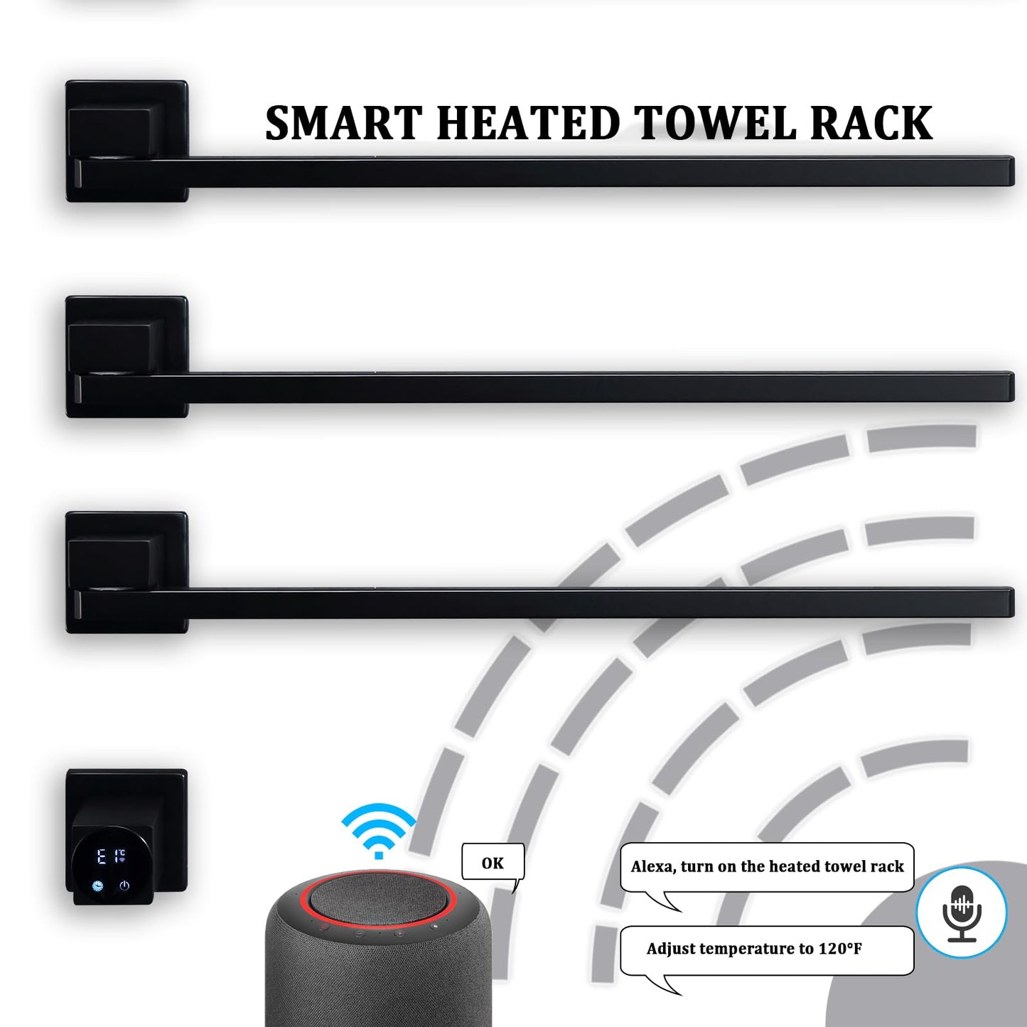 Schwarzer elektrischer Handtuchhalter, intelligenter WiFi-elektrischer Handtuchtrockner mit Timer, 45–60 °C, 5 Stangen, 180° drehbarer Handtuchwärmer, Heizkörper, Edelstahl, verkabelt, Wandmontage
