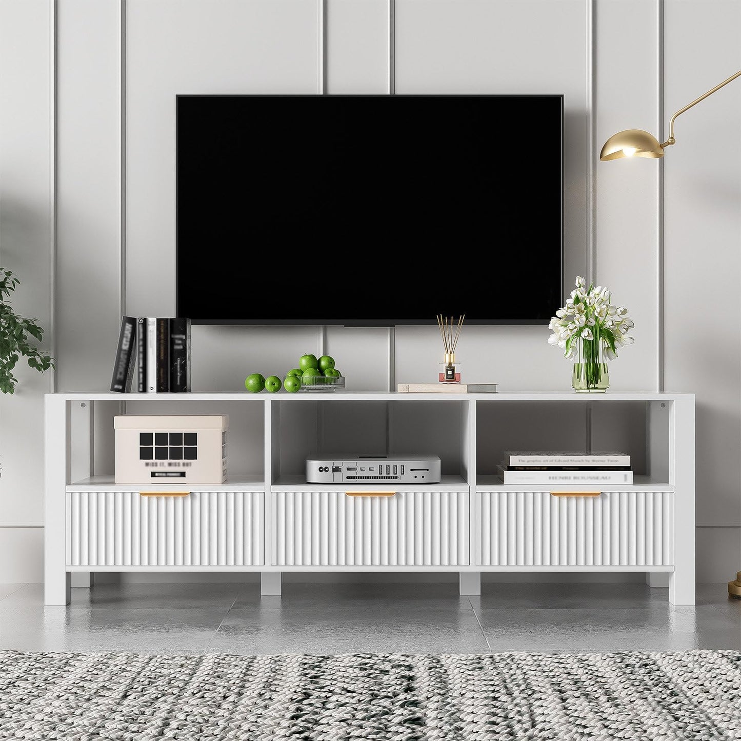 Meuble TV, Meuble Télé de Salon avec Éclairage LED 16 Couleurs, Armoire De Télévision avec 3 Tiroirs et 3 Compartiments Ouverts, Capacité de Charge de 130 lb, Poignée Dorée, 152.5 x 39.5 x 50 cm