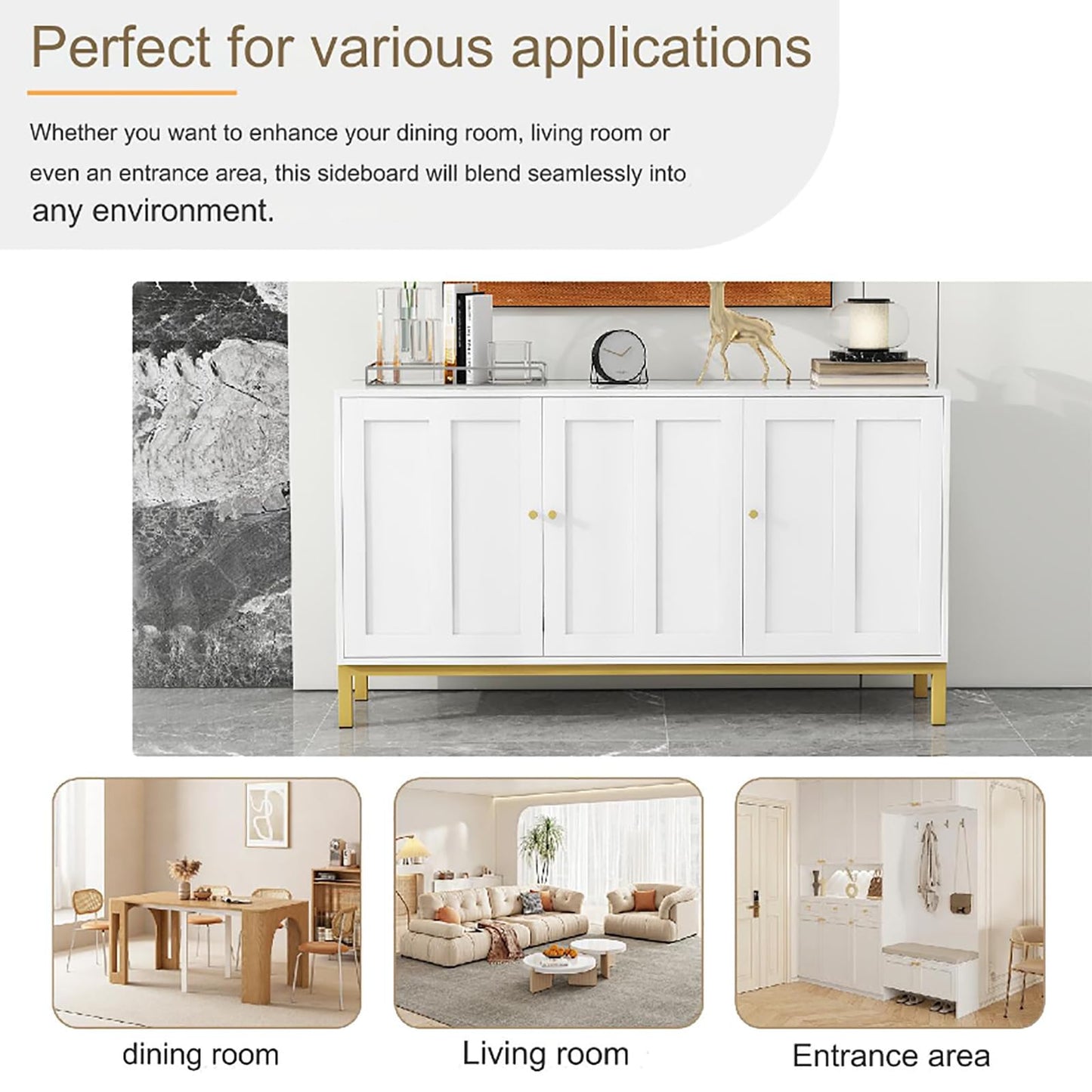 Peiaw Buffet,Armoire de Cuisine, Meuble de Rangement,Buffet de Table en marbre Blanc,avec 3 Portes, Buffet avec poignées dorées et Pieds dorés,140 x 39.8X 78.2 cm,pour Cuisine,Salon et Salle à Manger