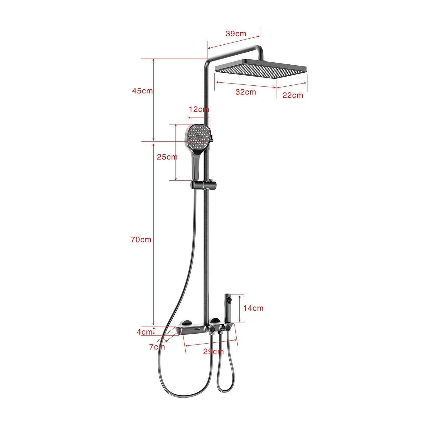 Colonne De Douche Thermostatique Ensemble De Douche Mural 4 Fonctions Avec Pommeau De Douche 32x22cm, Douchettes à Main, Robinets De Baignoire à Cascade Et PulvéRisateurs De Bidet(Gris Pistolet)