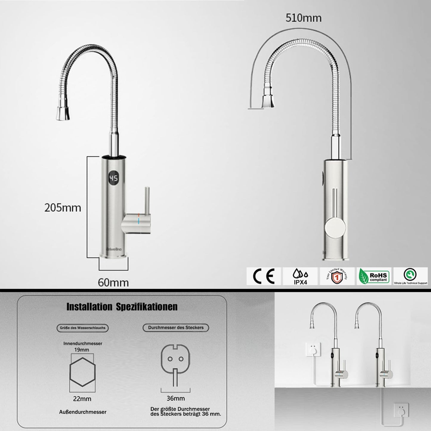 Robinet Chauffant Instantané Cuisine 230V, 3200W Robinet Chauffe eau Électrique Instantané avec Affichage de la Température LED et Flexible Bec, Rotatif à 360° Mitigeur en Acier Inoxydable