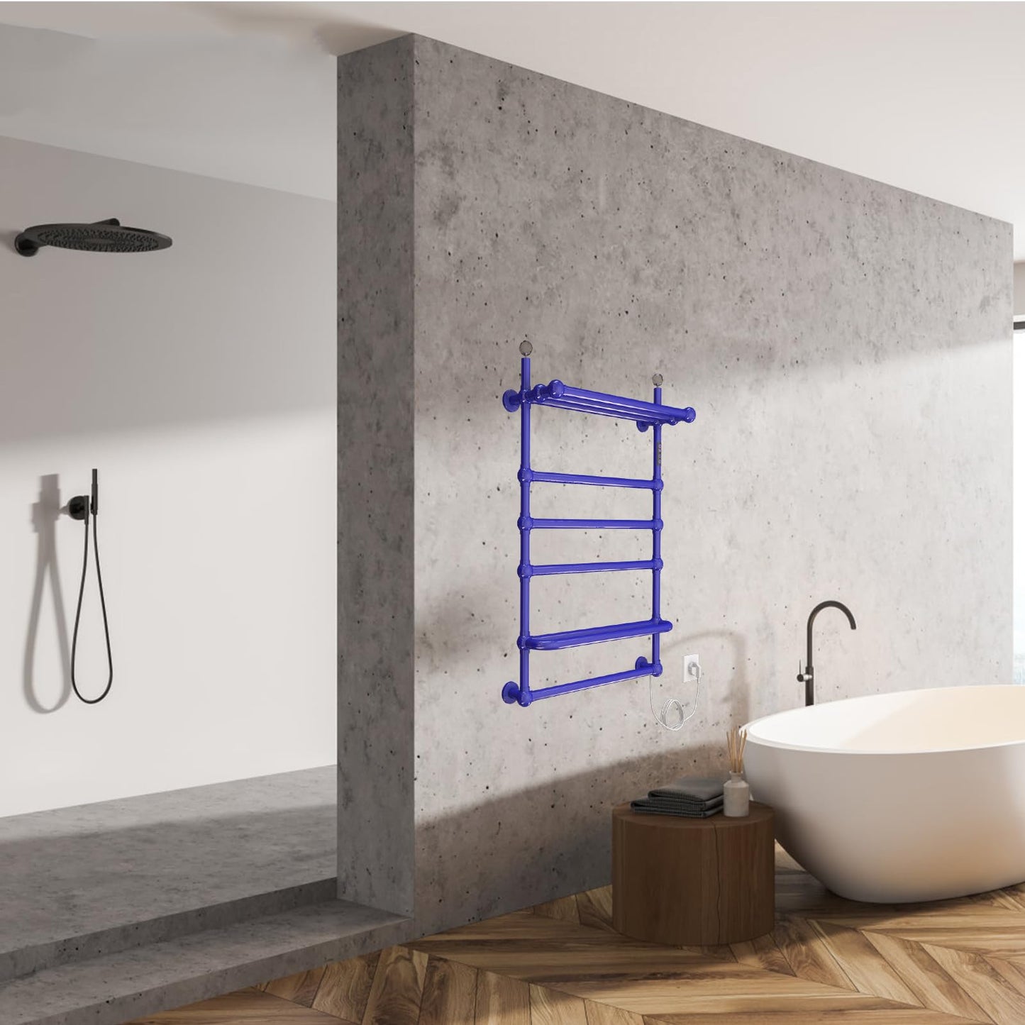 Sèche Serviettes Électrique Mural 80W, 850 * 600mm WiFi Chauffe-Serviettes Électrique, Intelligent Radiateur Porte-Serviettes Chauffant Électrique de Salle Bain avec Minuterie et Shelf, Blue