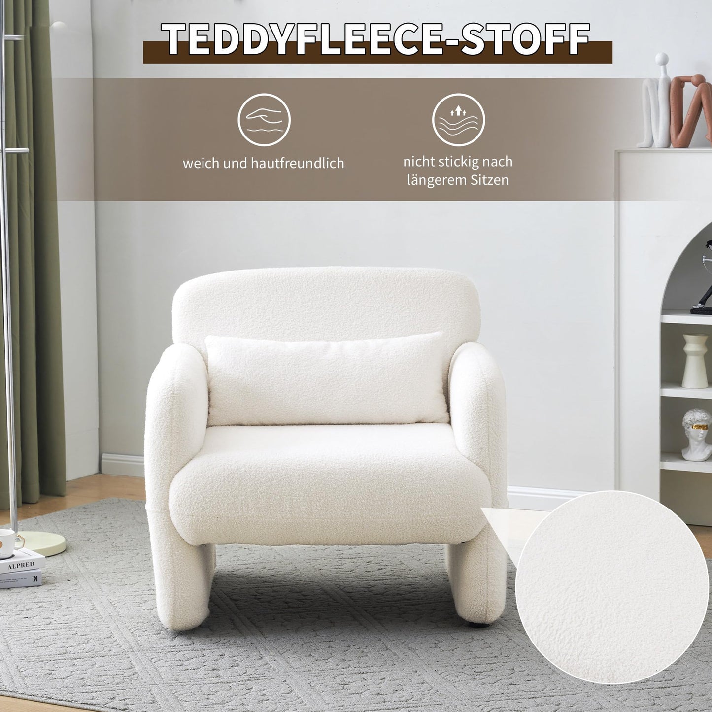 Blanc Chaise de Llecture, Fauteuil de Loisirs Teddy-Fleece-Stoff, Fauteuil salon Confortable avec Cadre en Bois Massif, Conception simple Fauteuil Chambre En Vigueur Chambre à Coucher, Salon,