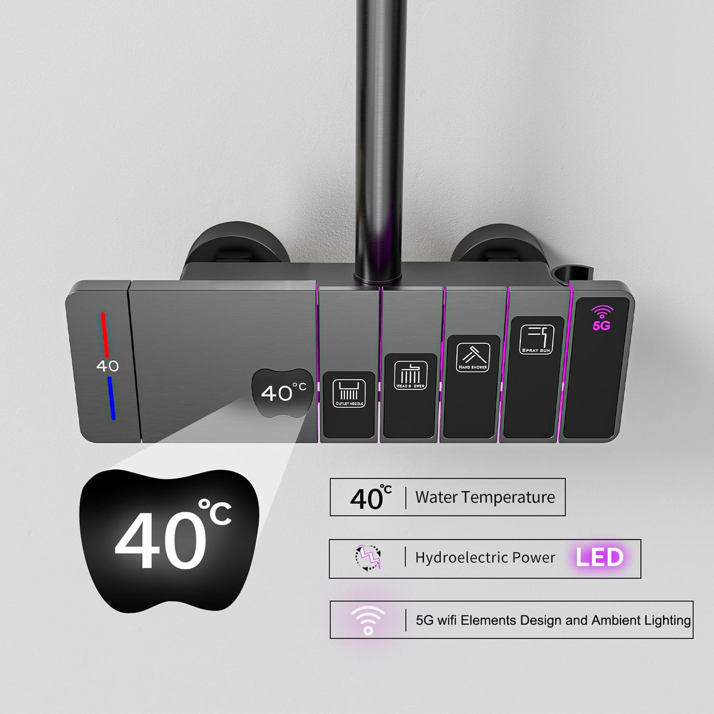 OihPaw Colonne De Douche Thermostatique avec Lumière Ambiante Systeme de Douche Hauteur Réglable pour Salle de Bain, Mitigeur Douche avec Douchette et Pommeau de Douche