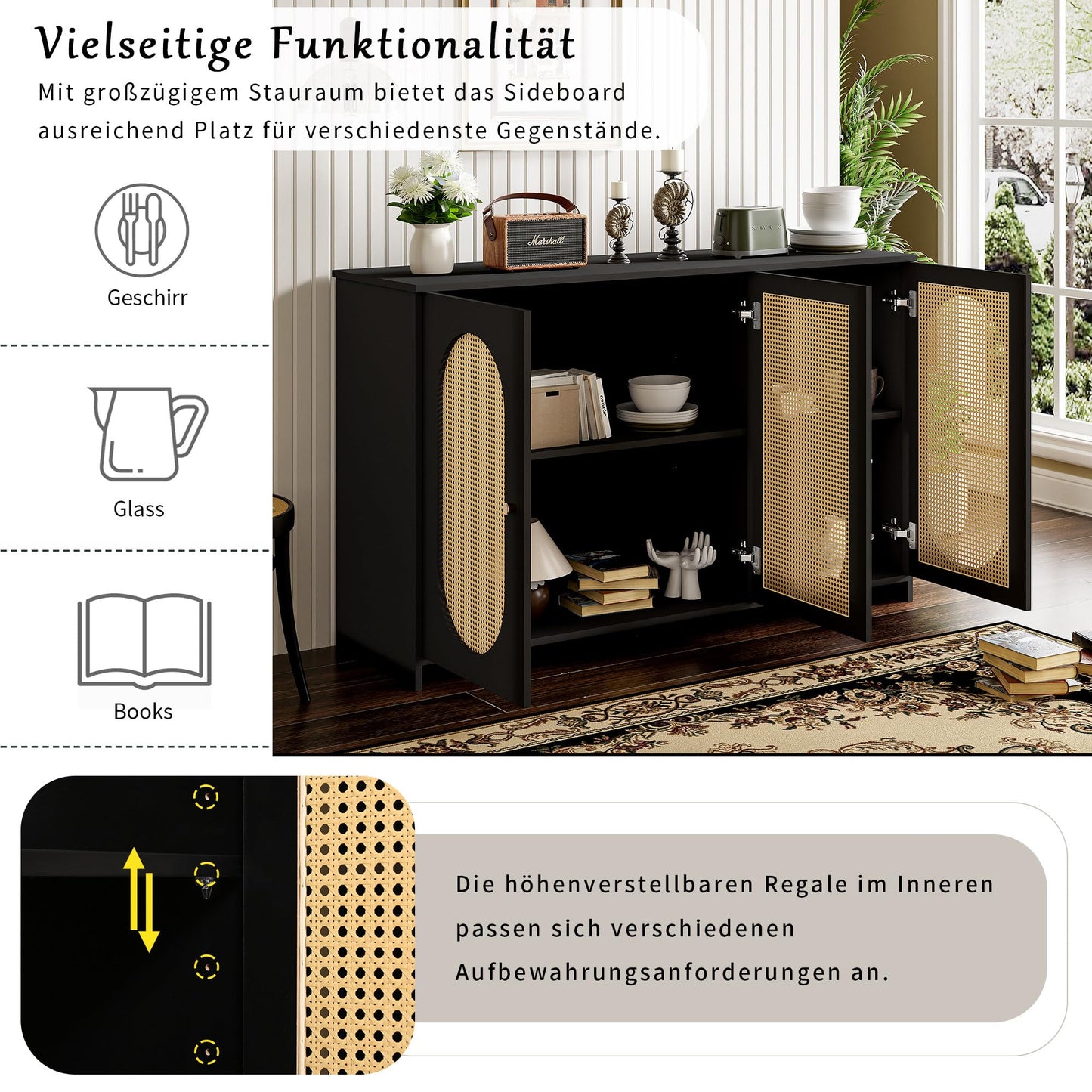 SHUGUANG 125 x 38 x 78 cm Buffet Moderne, Armoire Cuisine avec 3 Portes d'armoire Avoir Grand Espace de Rangement et Portes en Rotin Artificiel, Buffet de Salon Applicables à Salon, Salle à Manger