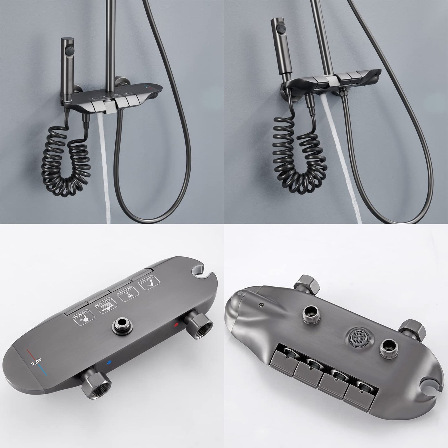 Colonne de Douche Thermostatique Piano Système de Douche Mural Gun Gray Ensemble de Douche Réglable en Hauteur Set de Douche avec Mitigeur,3 Modes Douchette,12 Pouces Douche de Tête,Bidet-Spray
