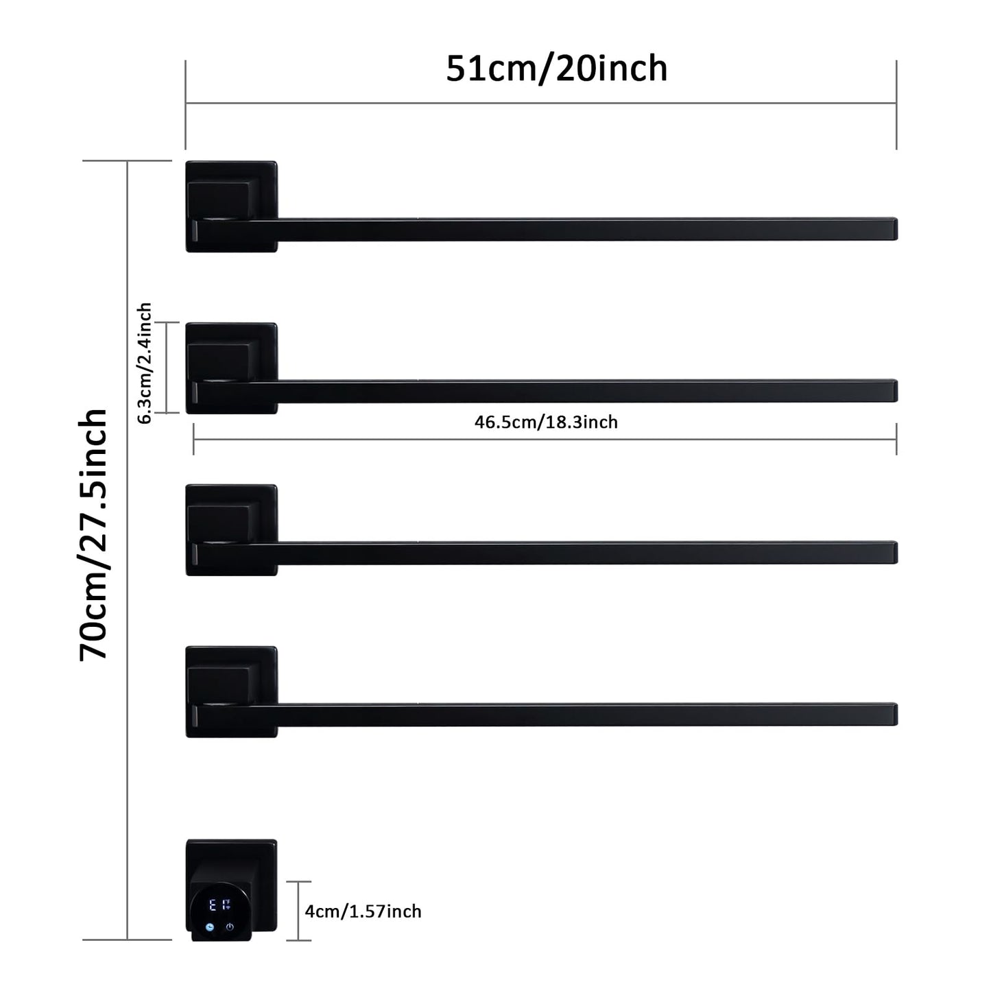 Sèche-Serviettes Électrique avec 4 Barres Porte-Serviettes électrique Noir à 180°, 75W 51 * 70cm Mural Chauffe-Serviettes Intelligent, écran LED, contrôle Tactile