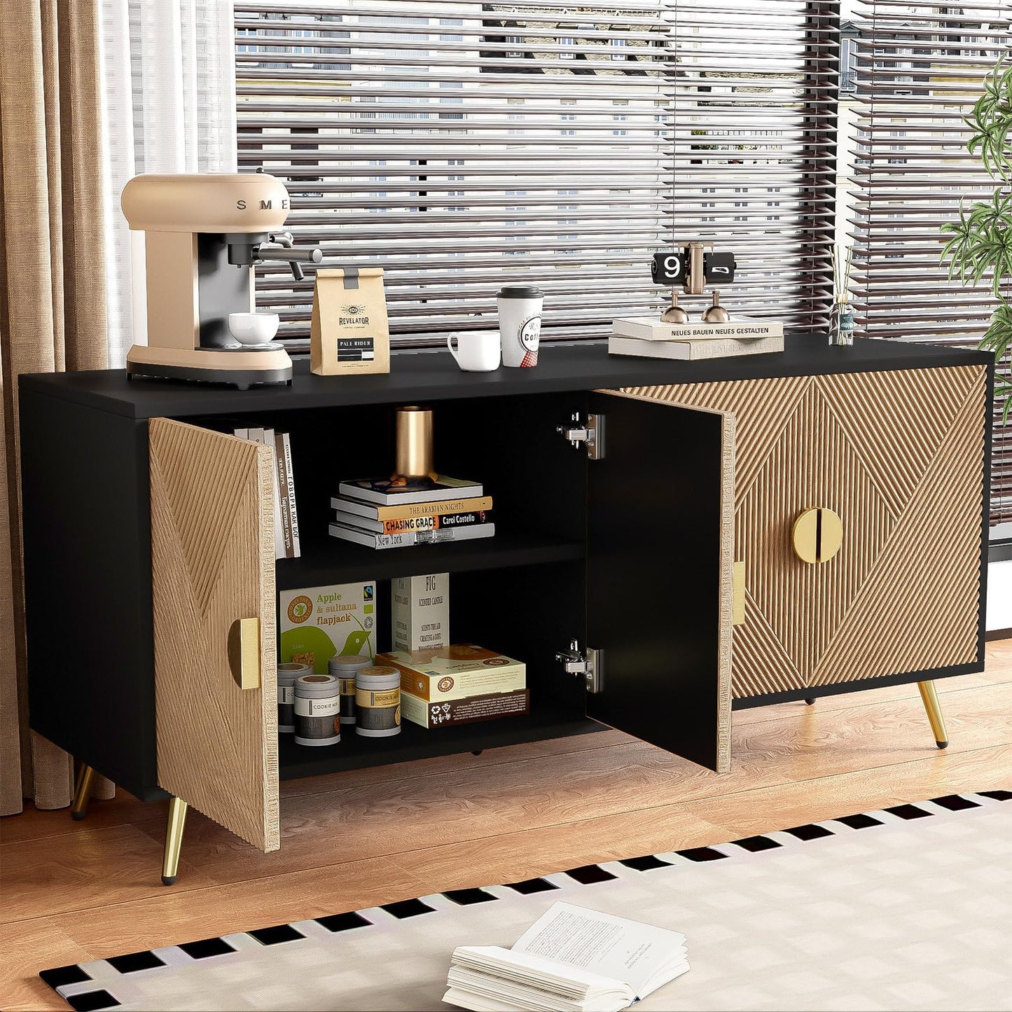 Sideboard mit 4 Türen, Kommode, Küchenschrank, Mehrzweckschrank für Wohnzimmer, Esszimmer, Schlafzimmer, Goldene Gebürstete Griffe, Hochglanz Tischbeine, Premium MDF und PB, 160 x 75 x 40 cm (B/H/T)