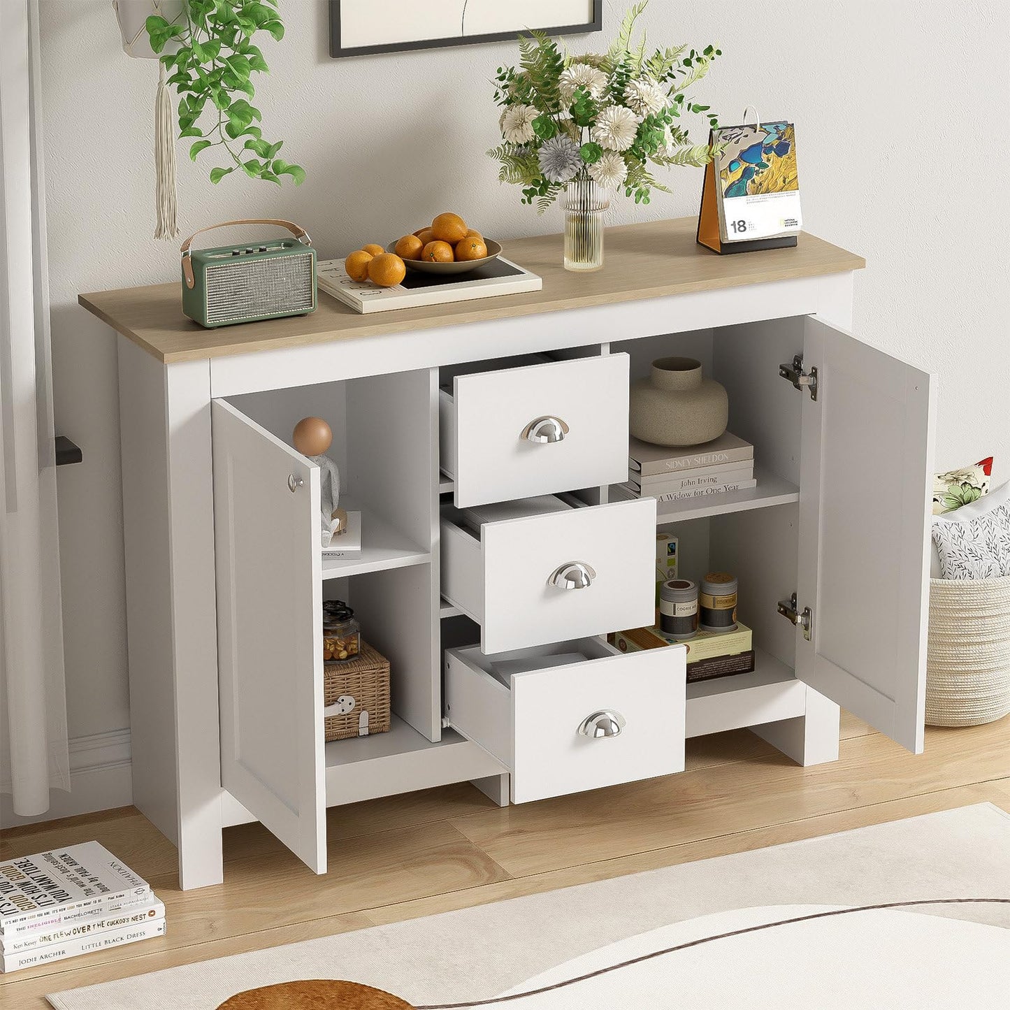 Kommode, Sideboard, Küchenschrank mit 2 Türen und 3 Schubladen, Mehrzweckschrank Hohe Tragfähigkeit, Schubladenschrank Soft Close Scharnieren, Verstellbare Regalhöhe, 116 x 81 x 35 cm(B/H/T), Weiß