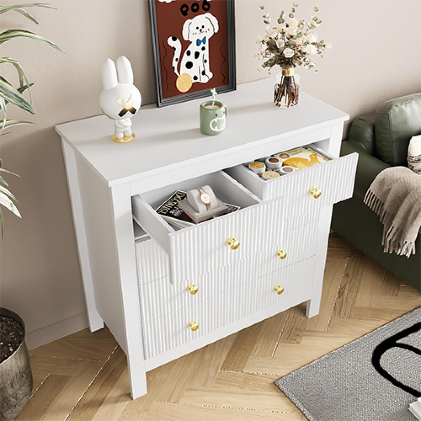 Peiaw Commode,Blanc bahut de Salle a Manger,Commode Verticale à 5 tiroirs,Commode avec poignées dorées, casier, Meuble à Chaussures 79 x 39.5 x 80.5 cm, adapté pour Balcon, Chambre et Bureau