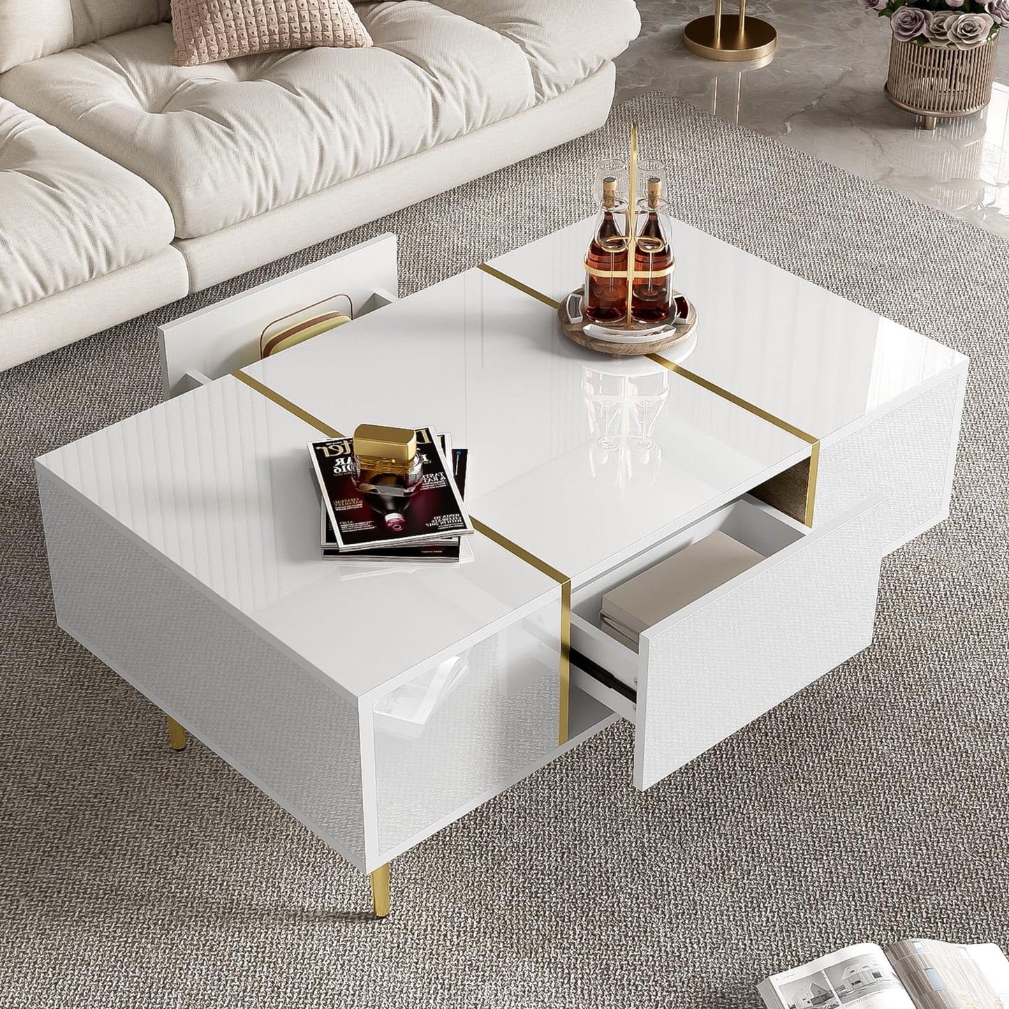 Peiaw Table Basse,Table Basse Salon,Blanc Table Basse Brillante,Table Basse carrée Moderne,Table Basse avec Deux tiroirs,Pieds de Table dorés,Garde au Sol 19,5 cm,Table Basse 100 x 60 x 41,5cm