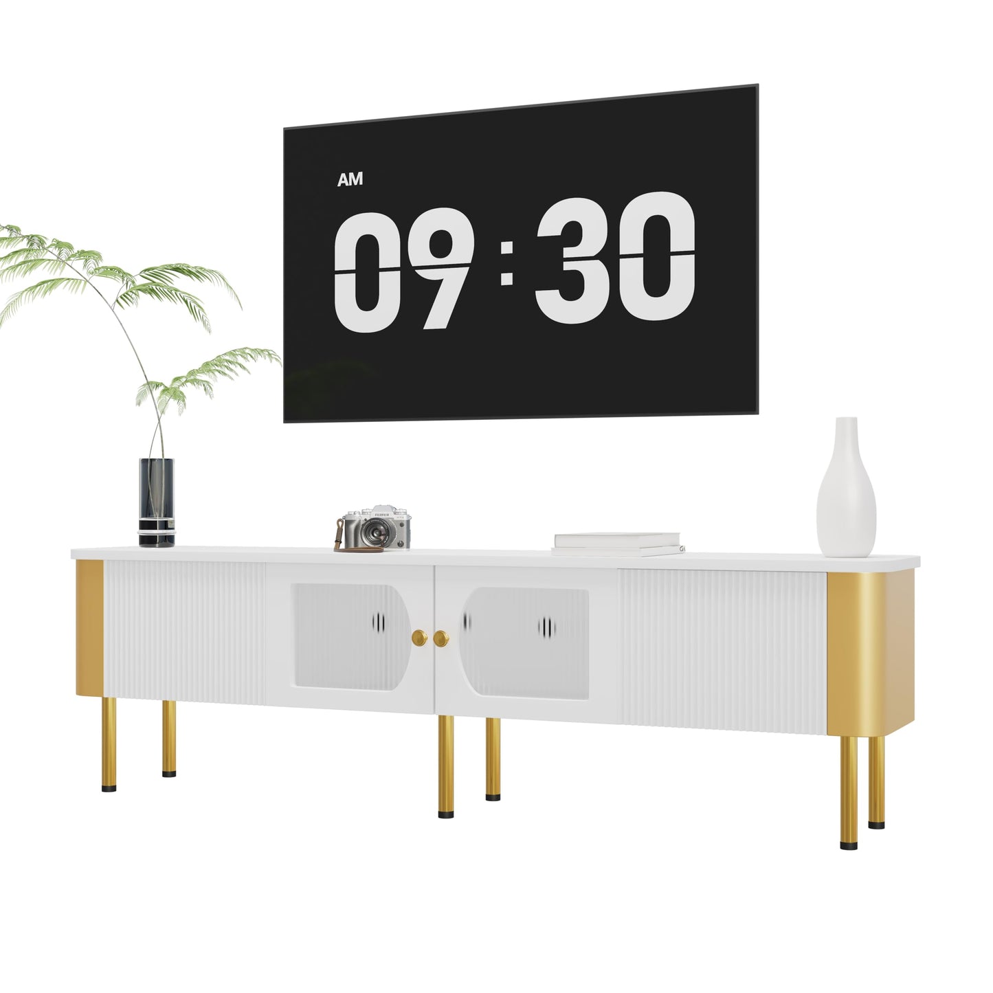 Meuble TV Moderne 170 cm Banc TV pour Téléviseurs Jusqu'à 65 Pouces, Tiroirs et Panneaux de Porte de Forme Spéciale, Poignées et Pieds Dorés, Forme D'arc, Élégant Luxueux Meuble Salon, Meuble TV Bas