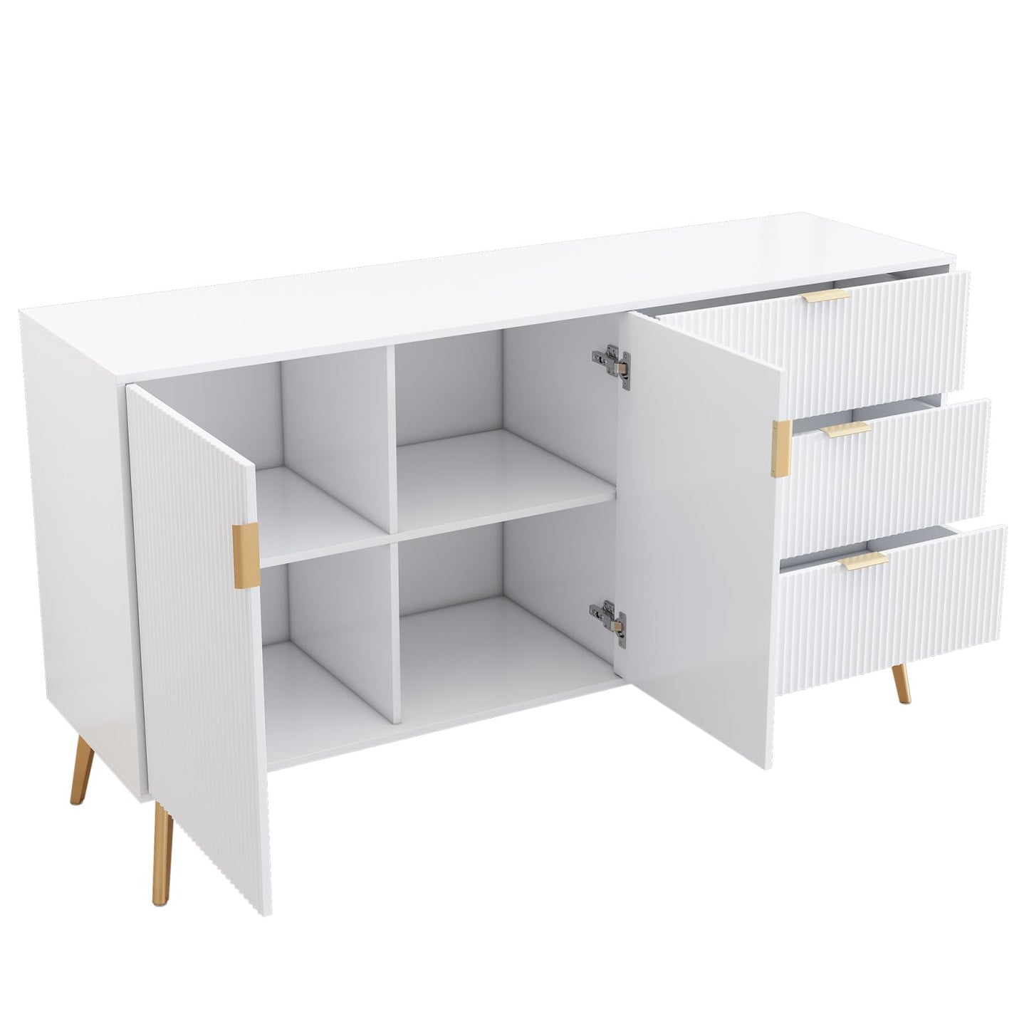 Buffets,Meuble de rangement blanc,placard,Commode de salon moderne,Buffet avec 2 portes et 3 tiroirs,Commode avec poignées et pieds dorés,Convient pour cuisine,salle à manger, bureau 140 x 40 x 78 cm