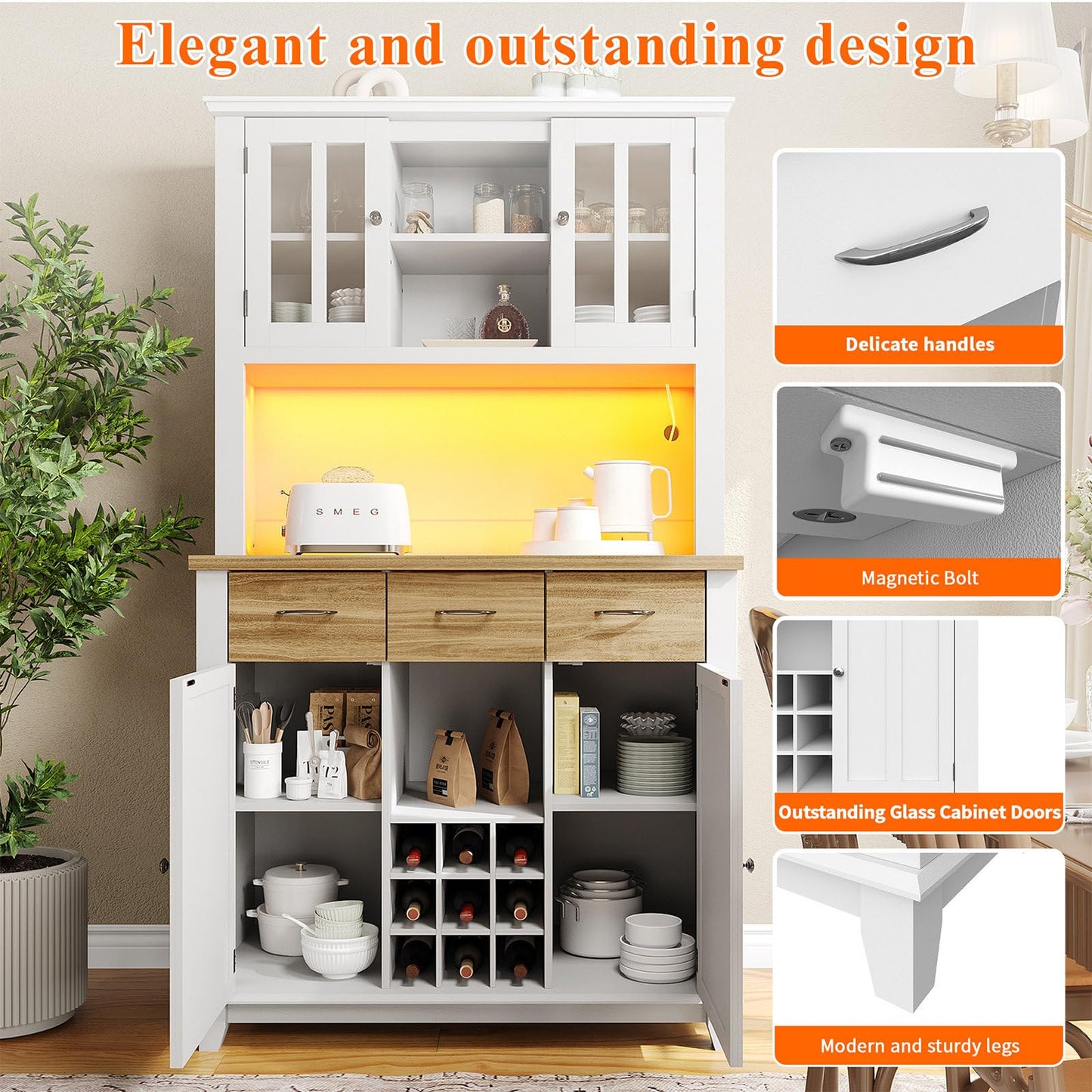Buffet de Cuisine avec Éclairage LED, Armoire de Cuisine Anti-Basculement, Meuble Cuisine Rangement Étagères Réglables, Bibliothèque avec Poignée en Alliage D'aluminium, 106 x 40 x 179.5 cm