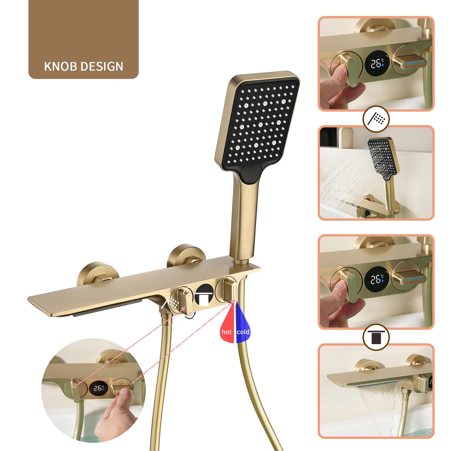 Robinet De Baignoire Cascade avec Affichage de la Température, Or Brossé Mitigeur Baignoire Mural avec Douchette À 3 Fonctions Robinet Pour Bain De Salle De Bain, 1.5M PVC Tuyau