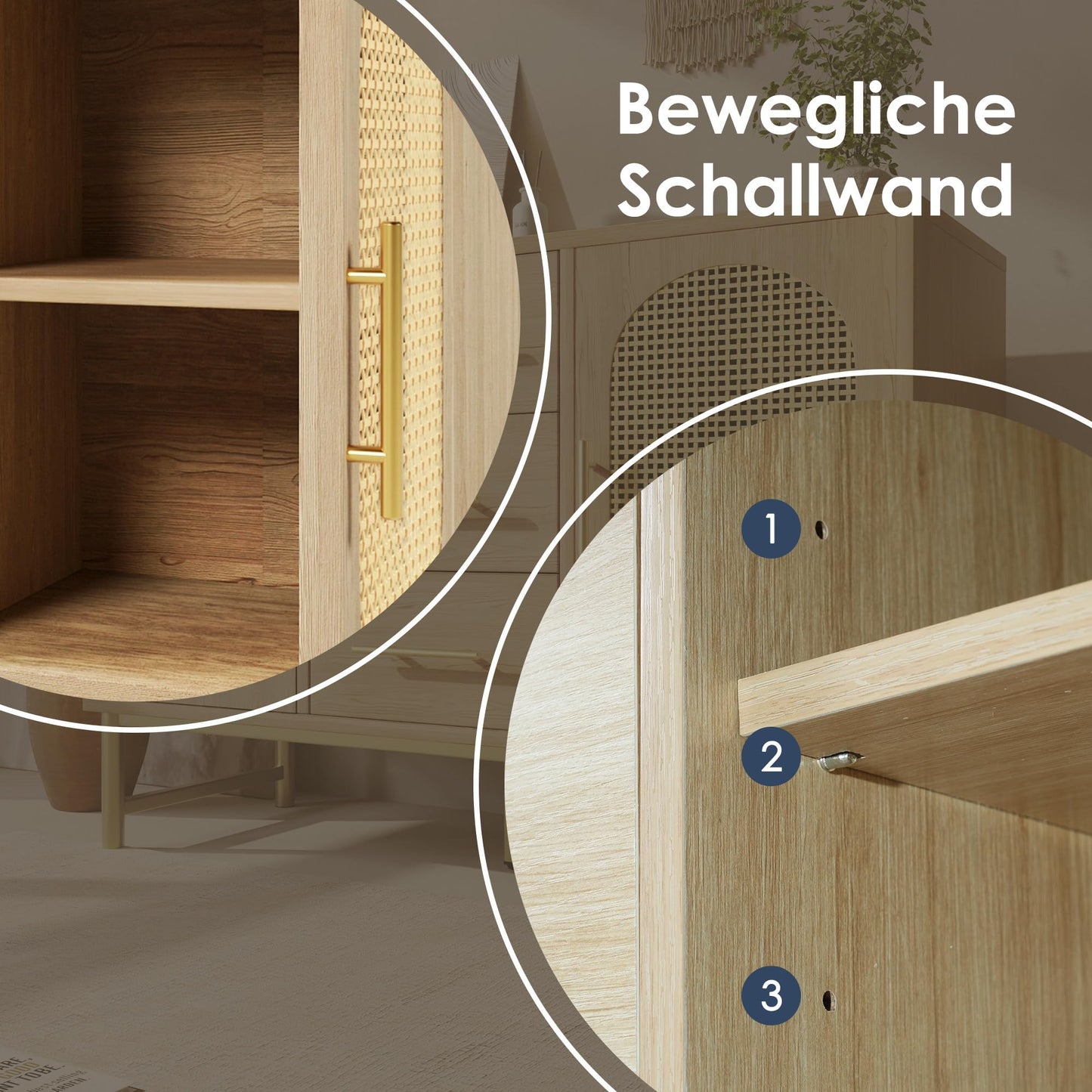 SHUGUANG Buffet Salon Style Bohème avec 2 Portes en Rotin et 3 Tiroirs, Commode Cuisine, Vaisselier Chambre, Meuble de Rangement Bois, Étagères Réglables, Anti-basculement, 120 x 40 x 74 cm, Chêne